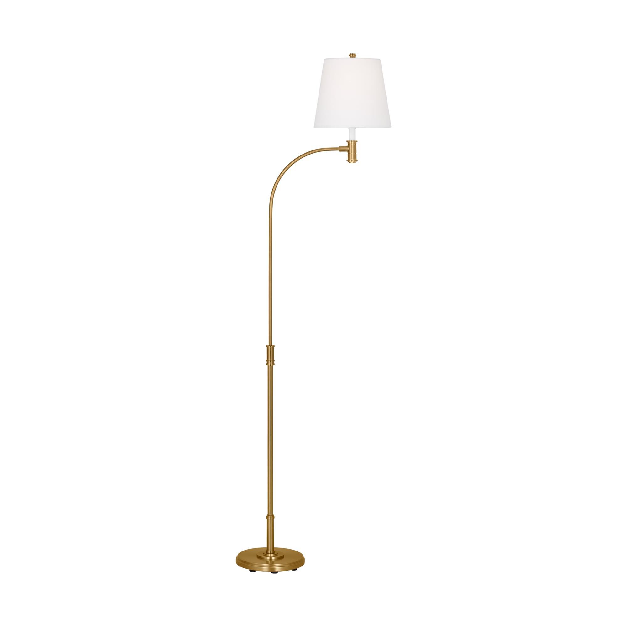 Shown in Burnished Brass finish and White Linen Fabric shade