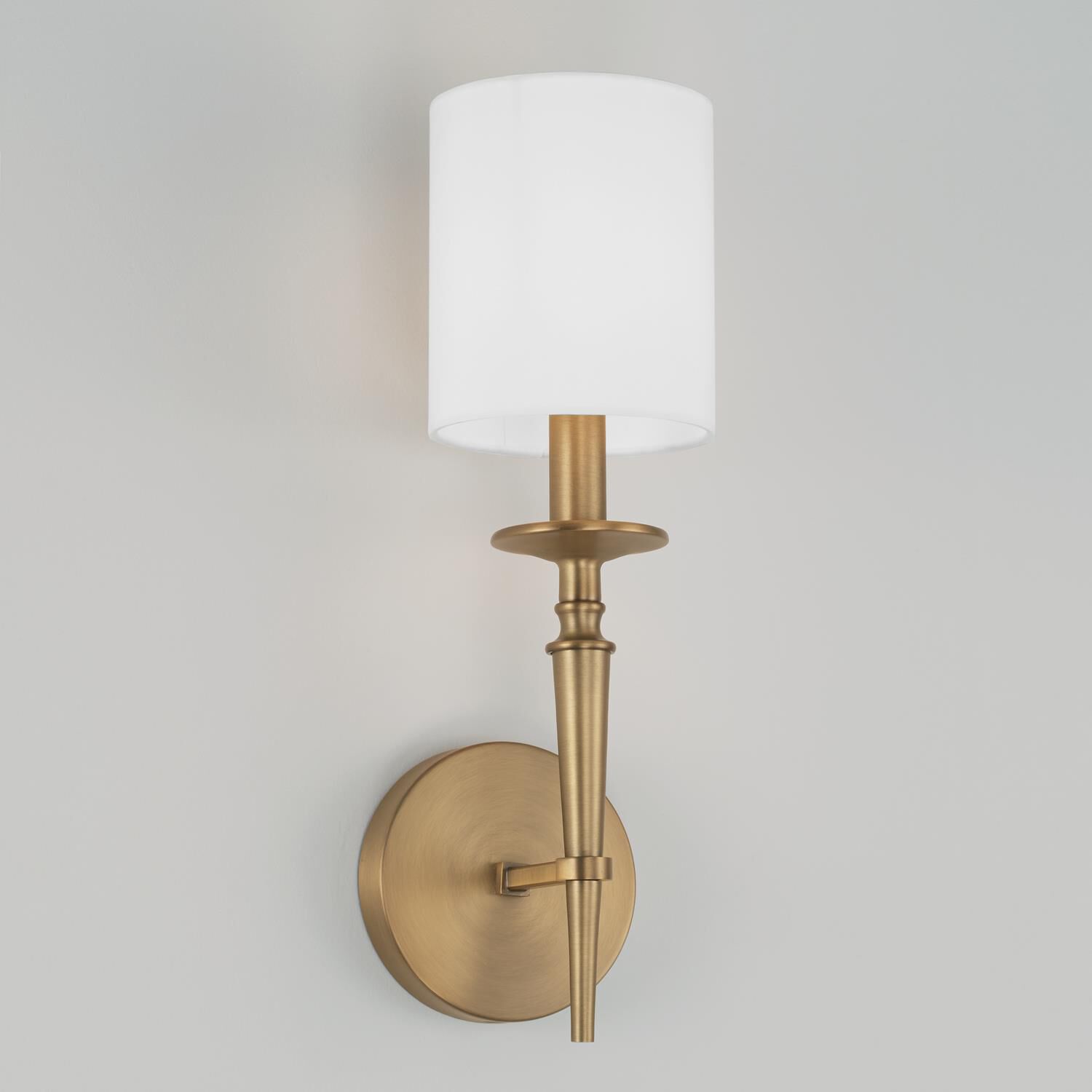 Shown in Aged Brass finish and 701 glass and White Fabric Stay-Straight shade