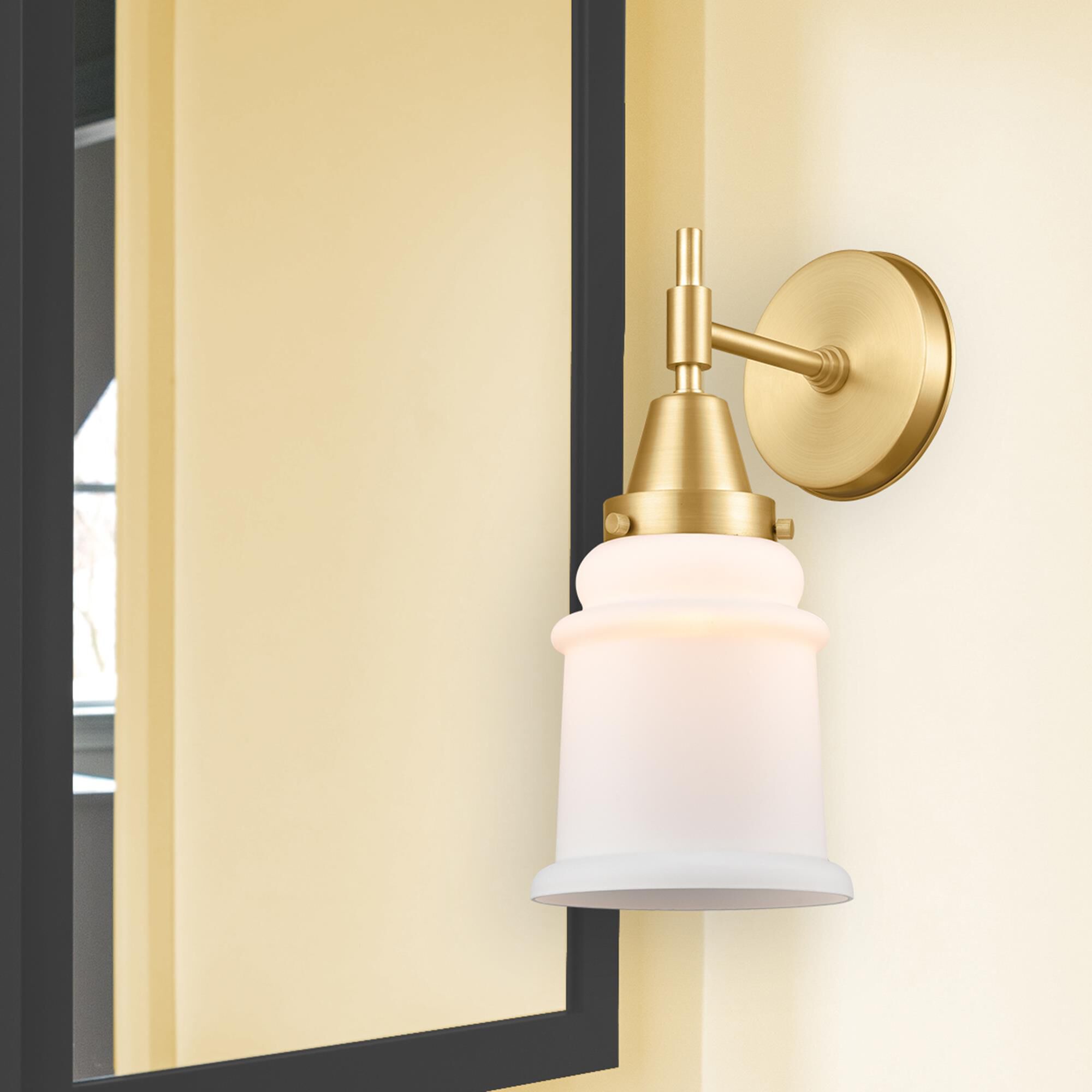 Shown in Satin Gold finish and Matte White Canton glass
