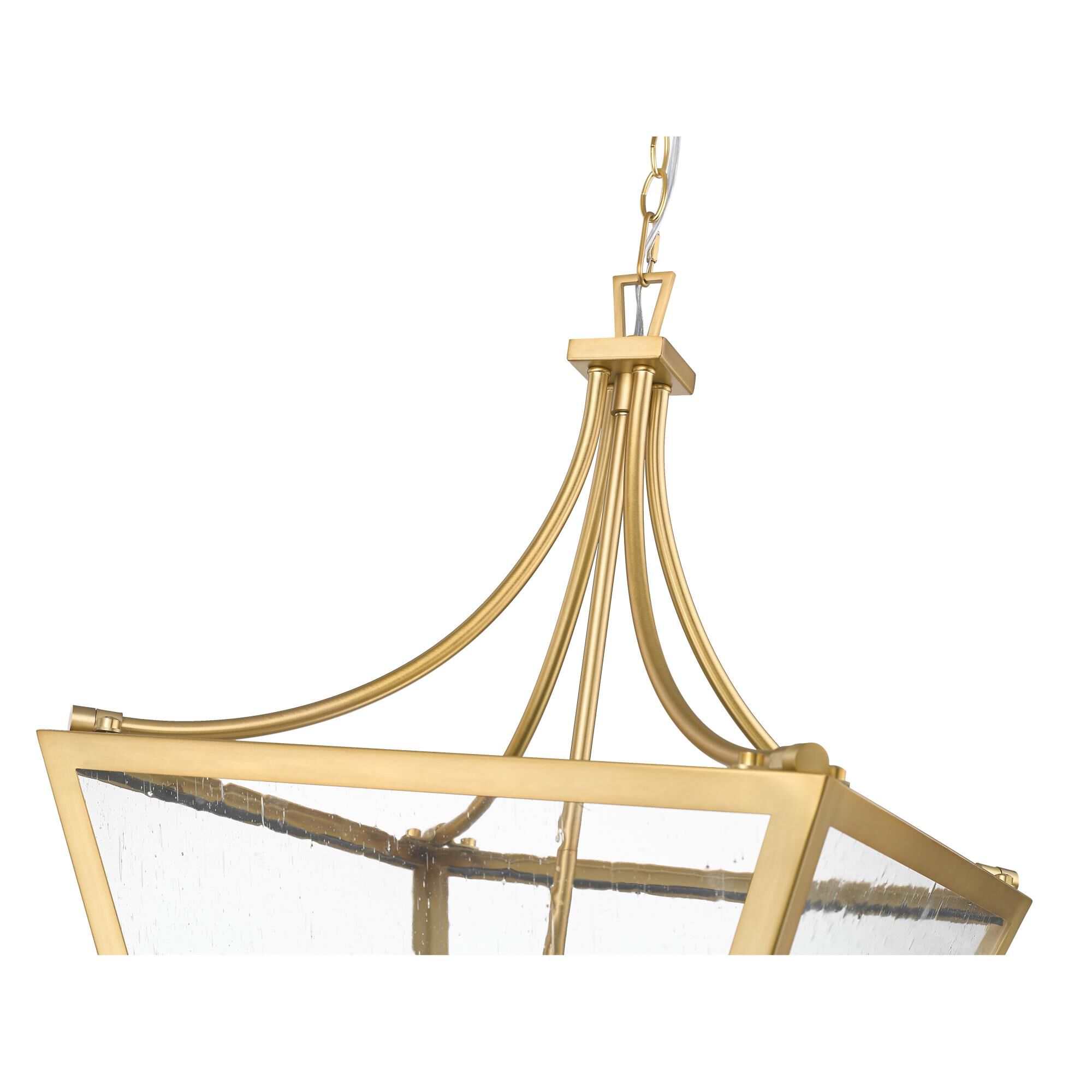 Shown in Rubbed Brass finish and Clear Seedy glass