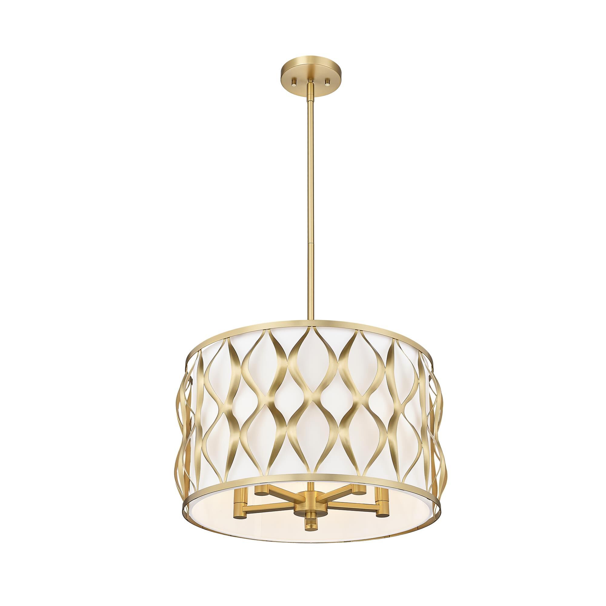 Shown in Modern Gold finish and White glass and White shade