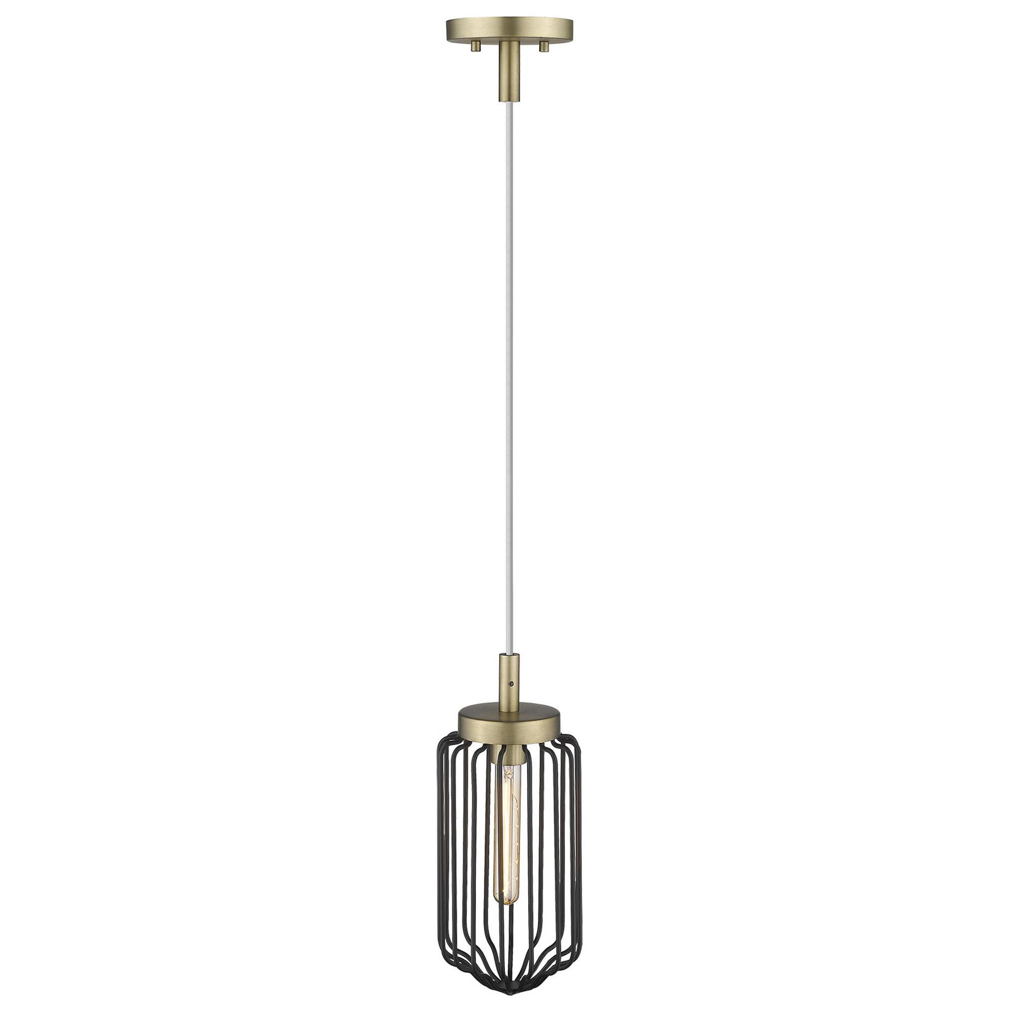 Shown in Aged Brass finish and Black glass and Black, Cylindrical Metal Cage shade