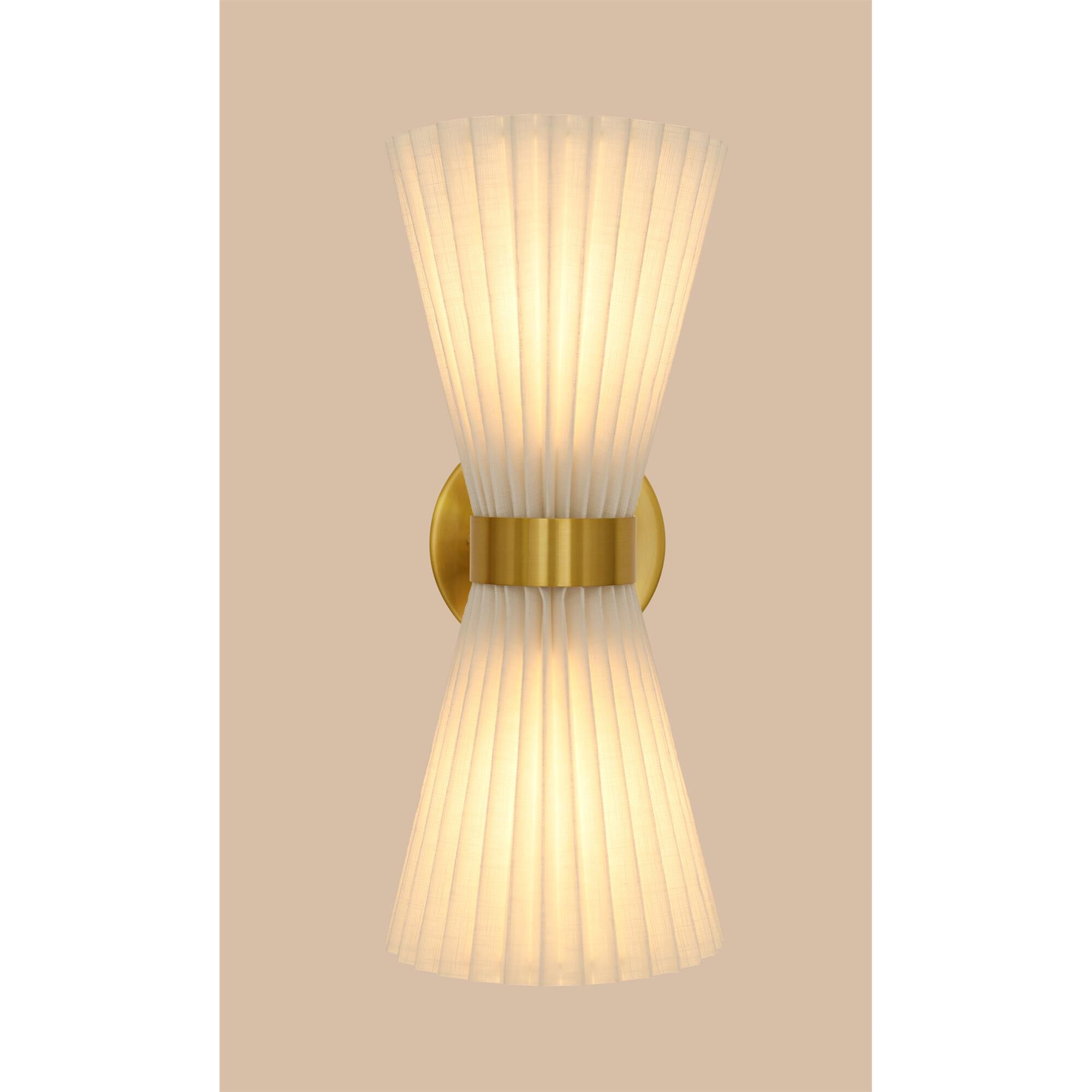 Shown in Brass and White finish and White Linen shade