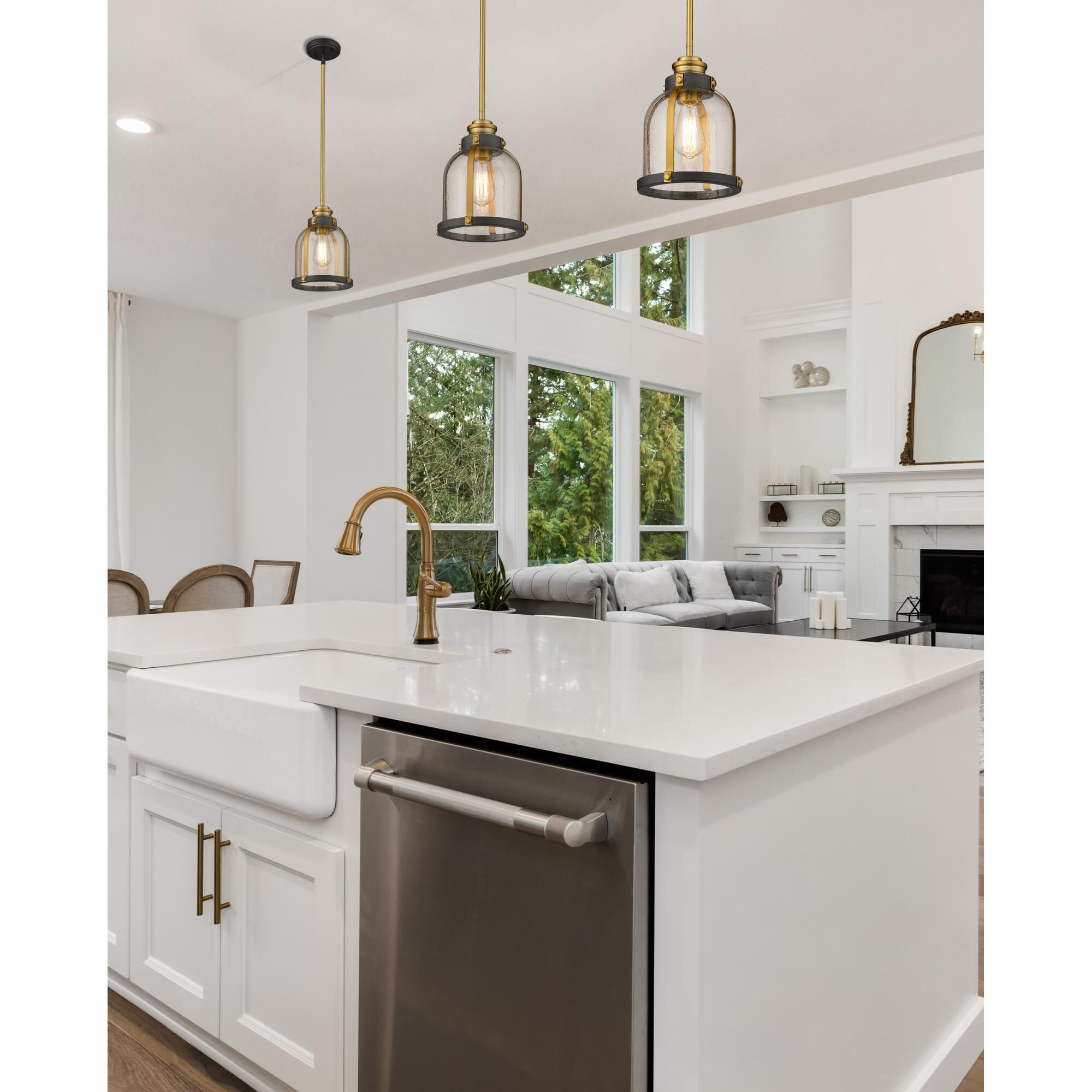 Shown in Bronze and Brass finish and Clear Seedy glass and No Shade shade