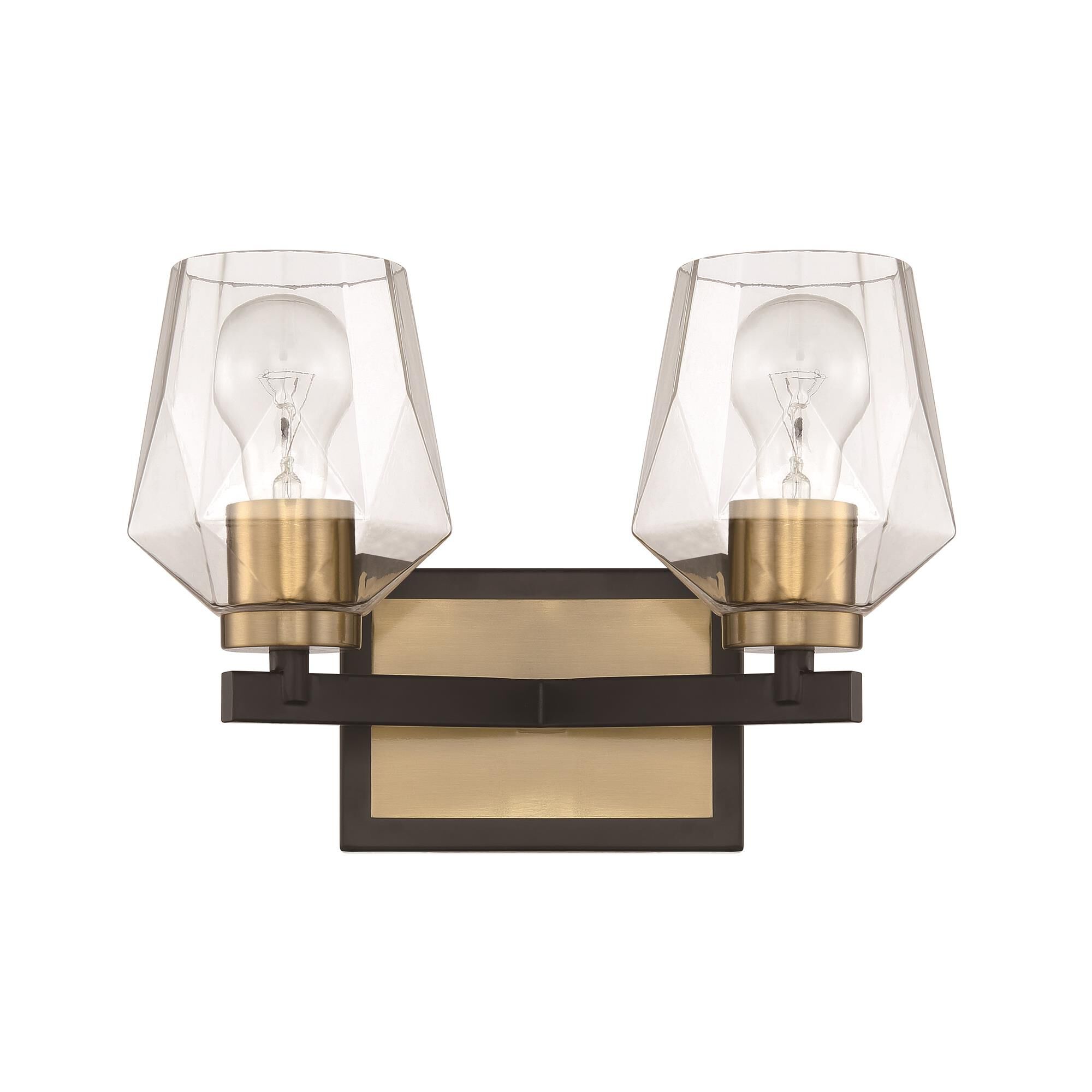 Shown in Flat Black/Satin Brass finish and Clear glass