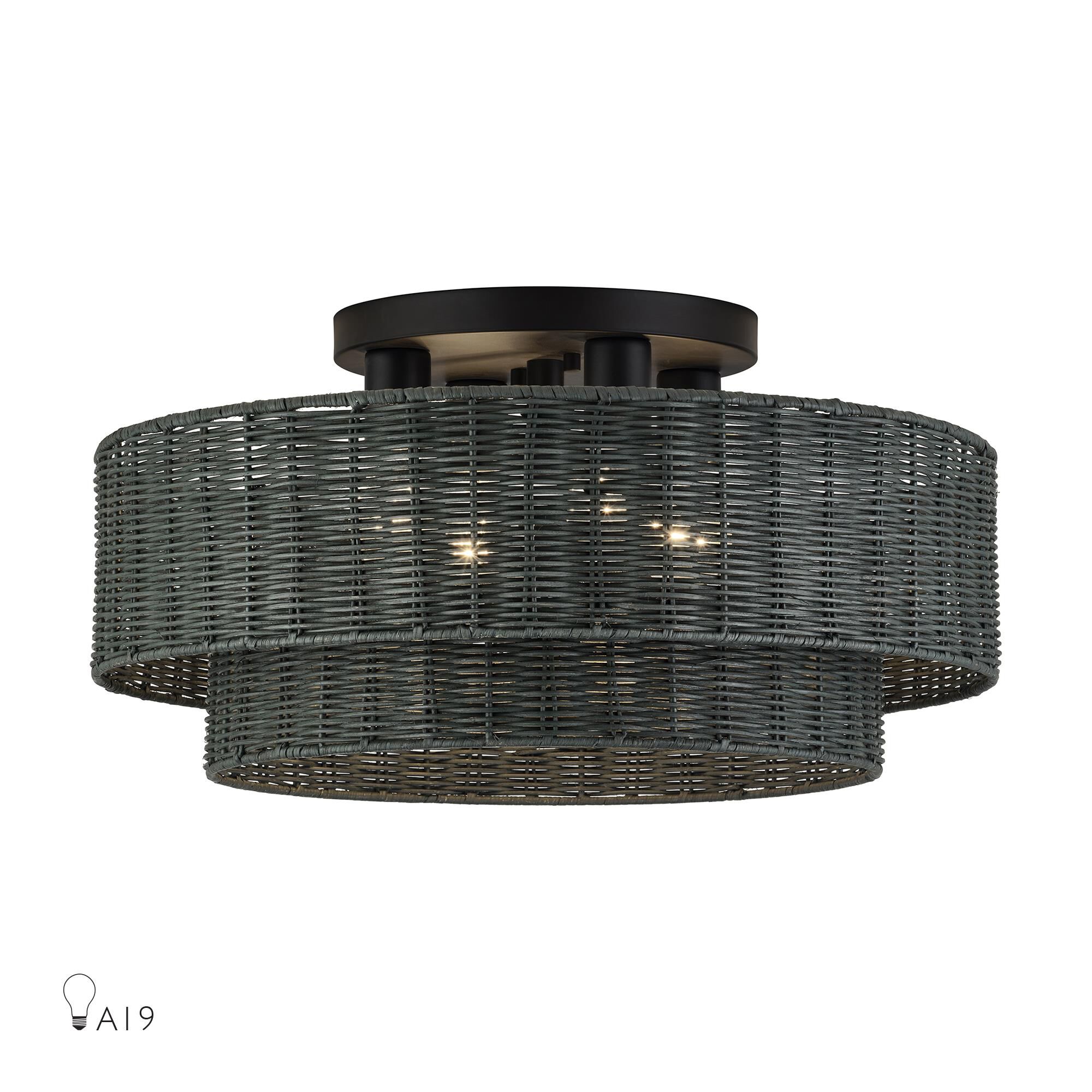 Shown in Black finish and Hand-Woven Charred Gray Color Rattan shade