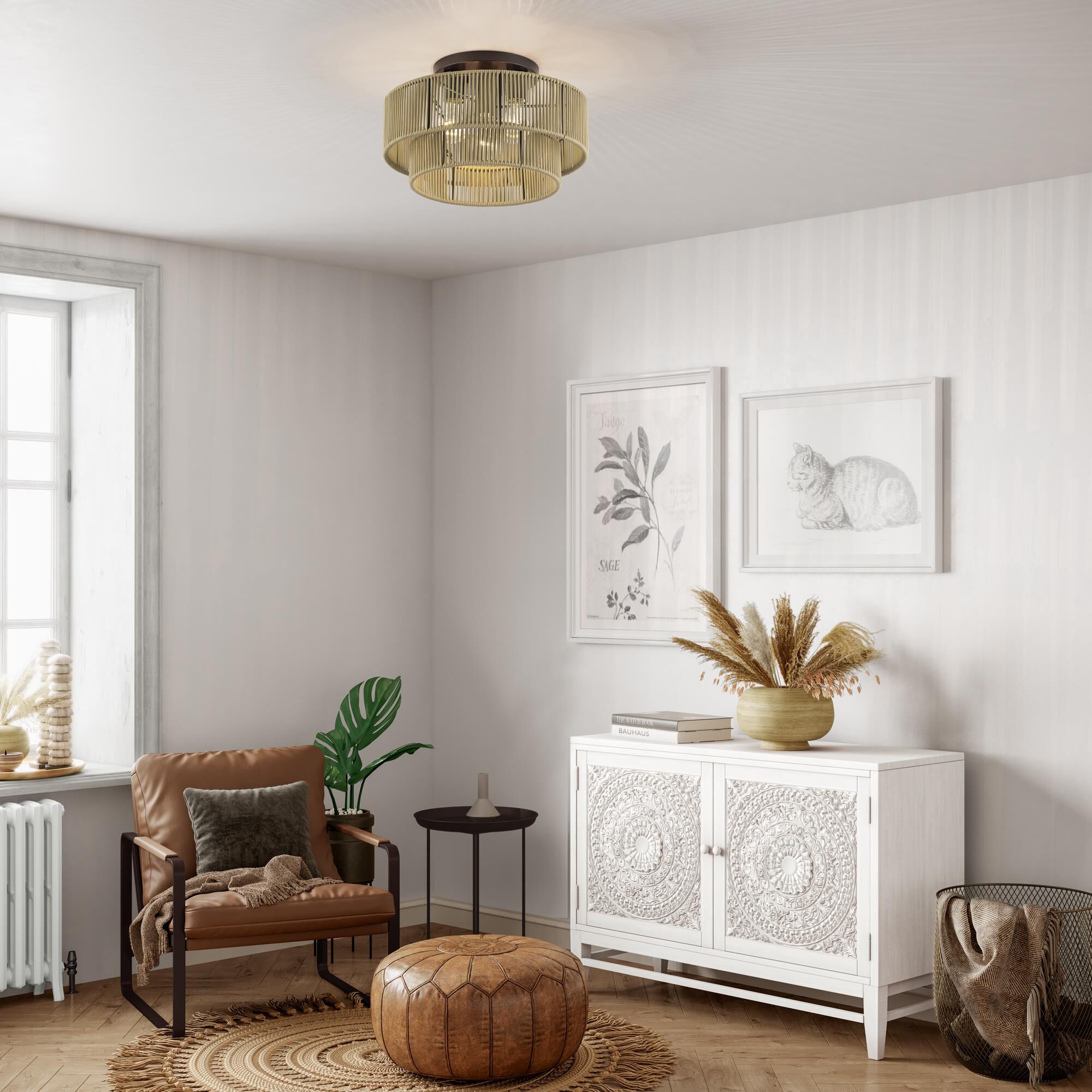 Shown in English Bronze finish and Hand-Woven Venetian Gold Color Polyester Rope shade