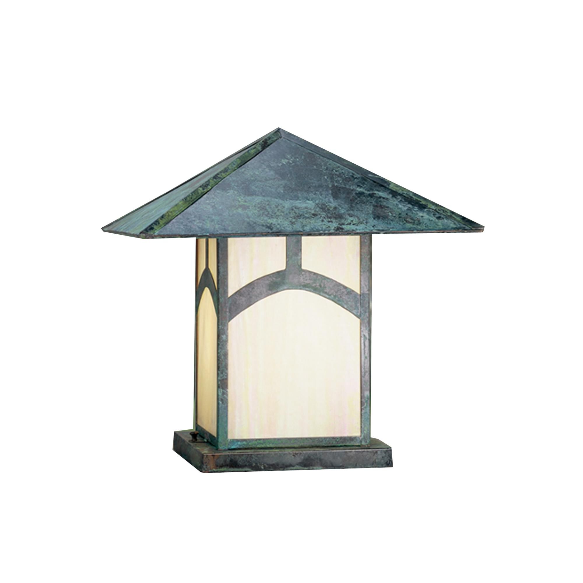 Shown in Verdigris finish and Iridized Beige glass