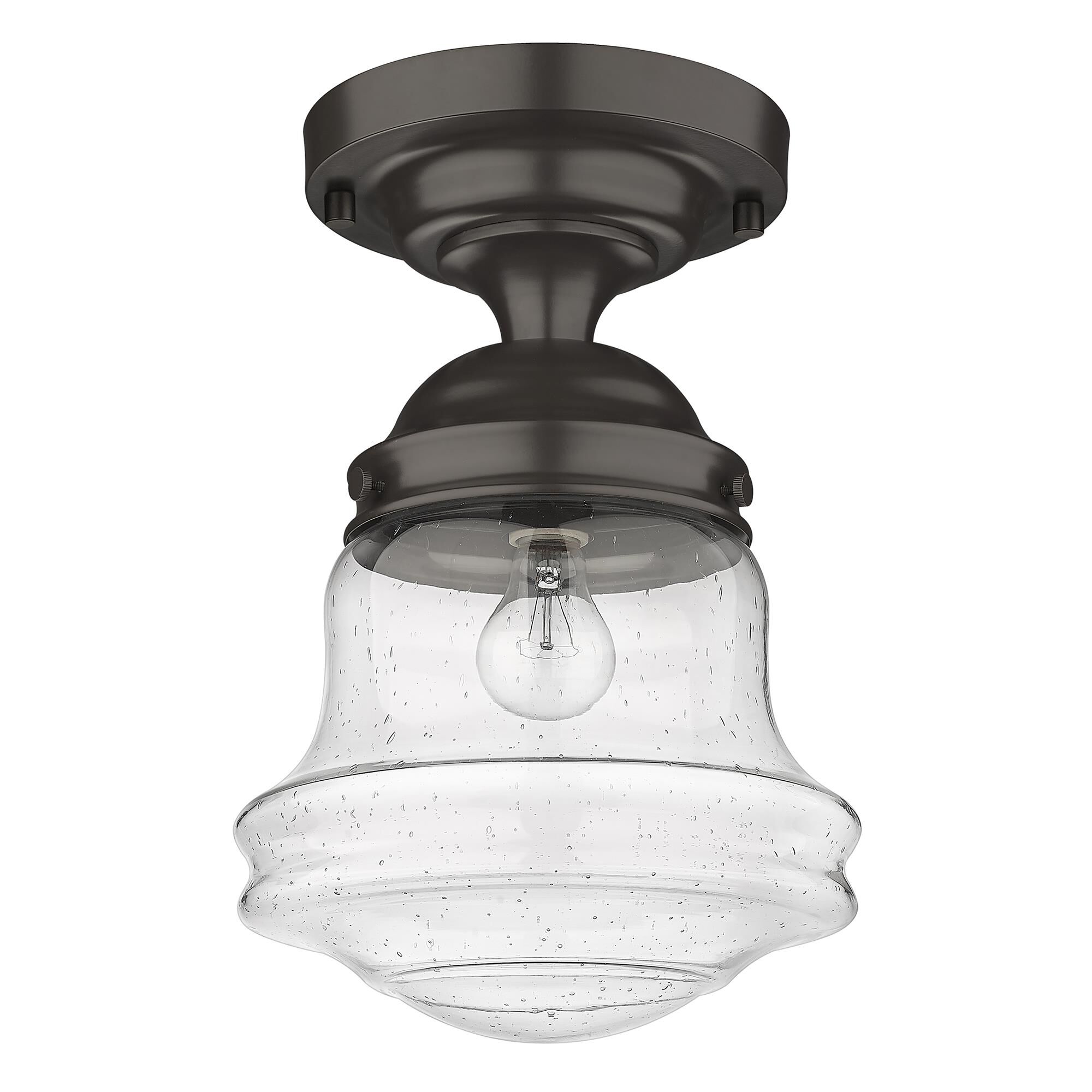 Shown in Bronze finish and Clear Seedy glass