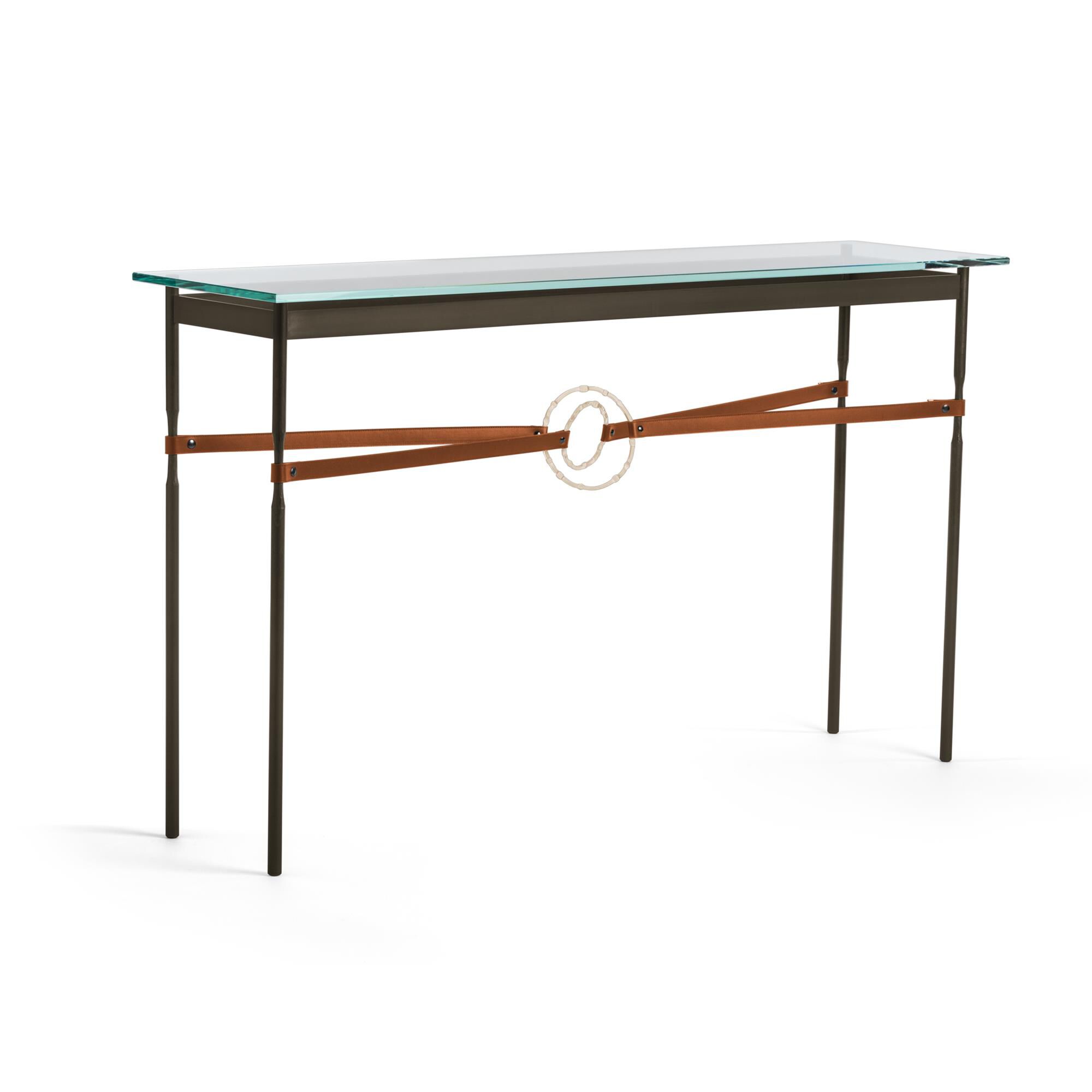 Shown in Oil Rubbed Bronze finish and Soft Gold with Leather Chestnut  accent