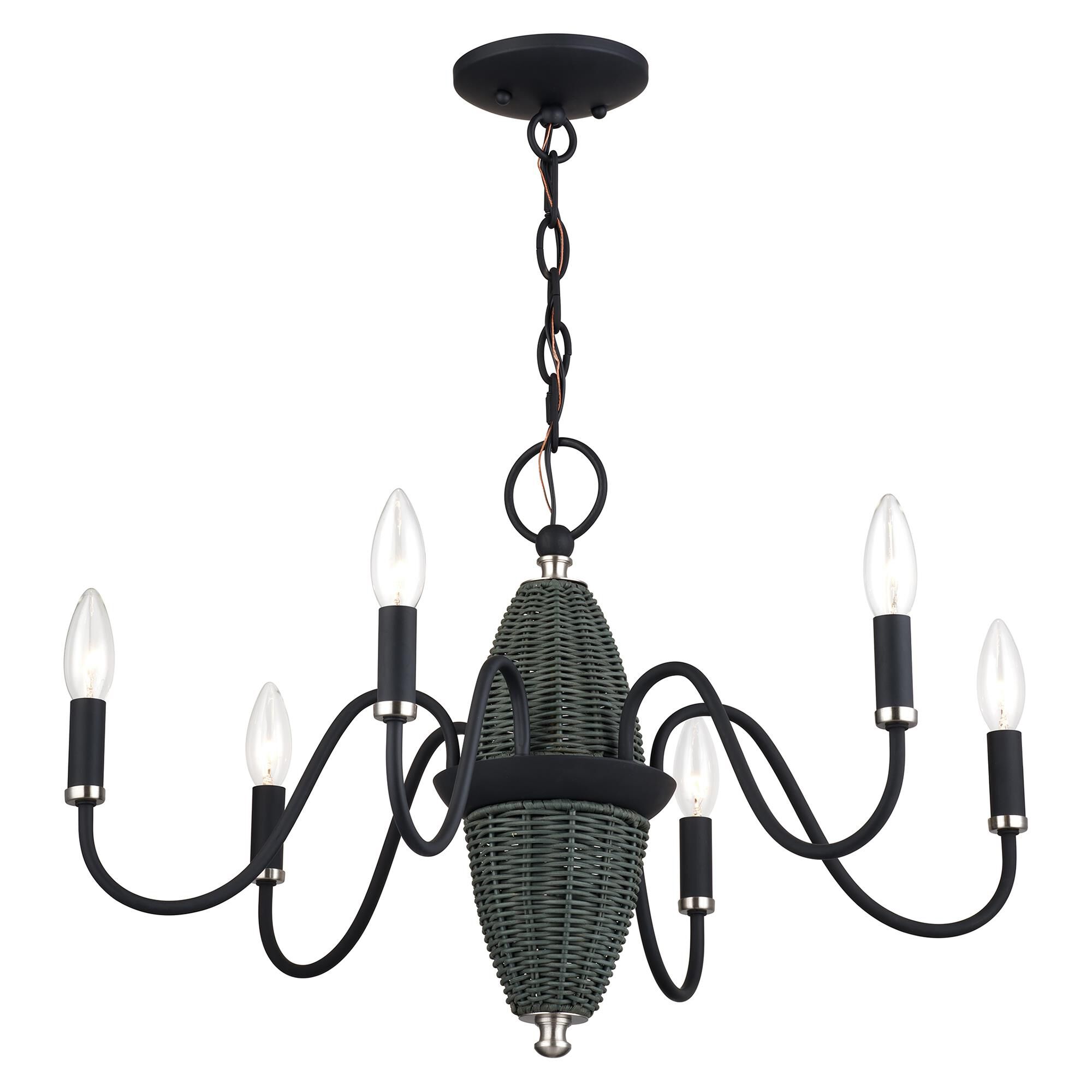 Shown in Black with Brushed Nickel Accents finish and Hand-Woven Charred Gray Color Rattan Column shade