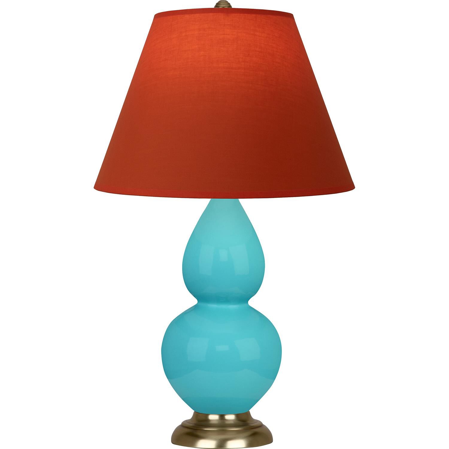Shown in Egg Blue Antique Brass finish and Tangerine and Taupe Lining shade and Antique Brass accent