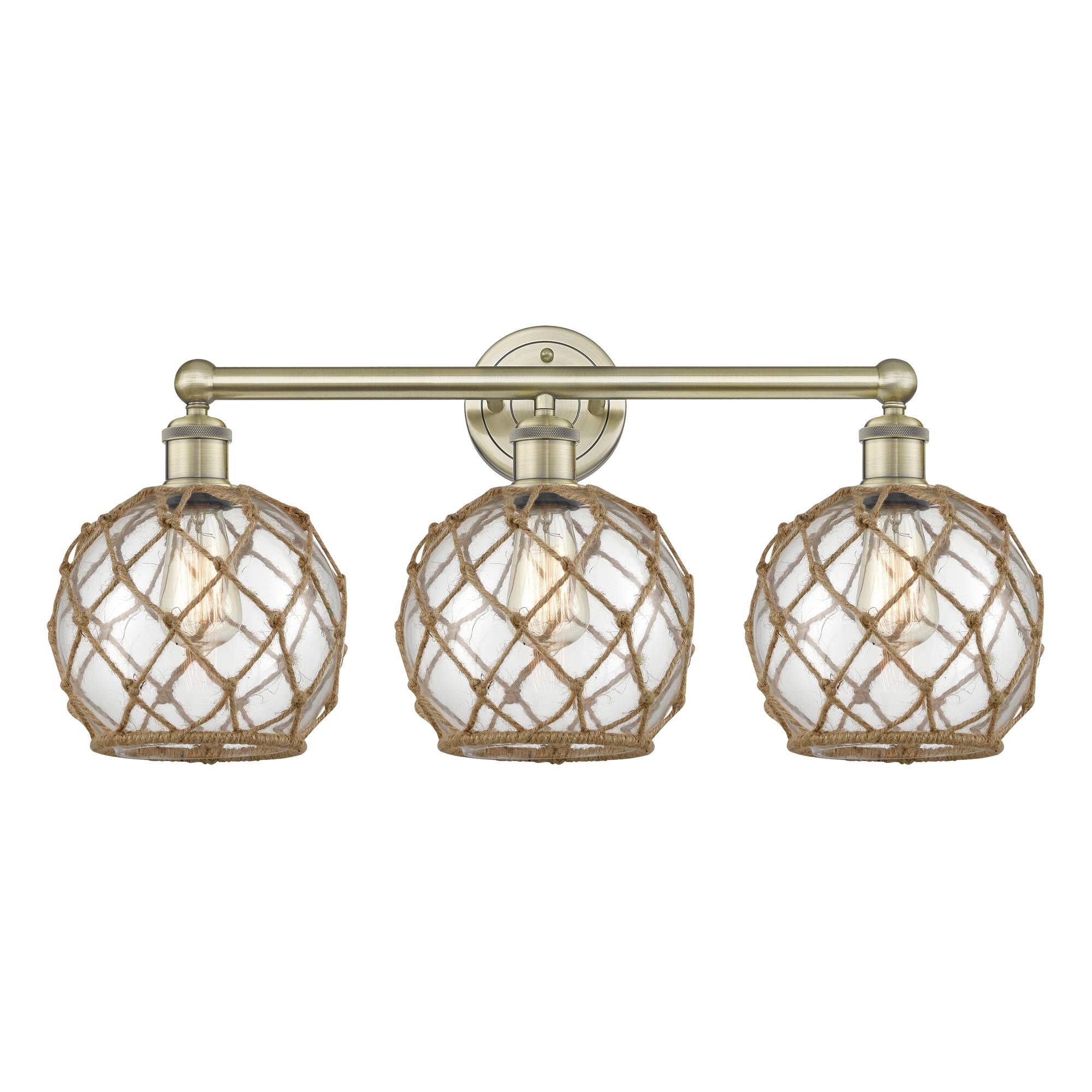 Shown in Antique Brass finish and Clear with Brown Rope glass