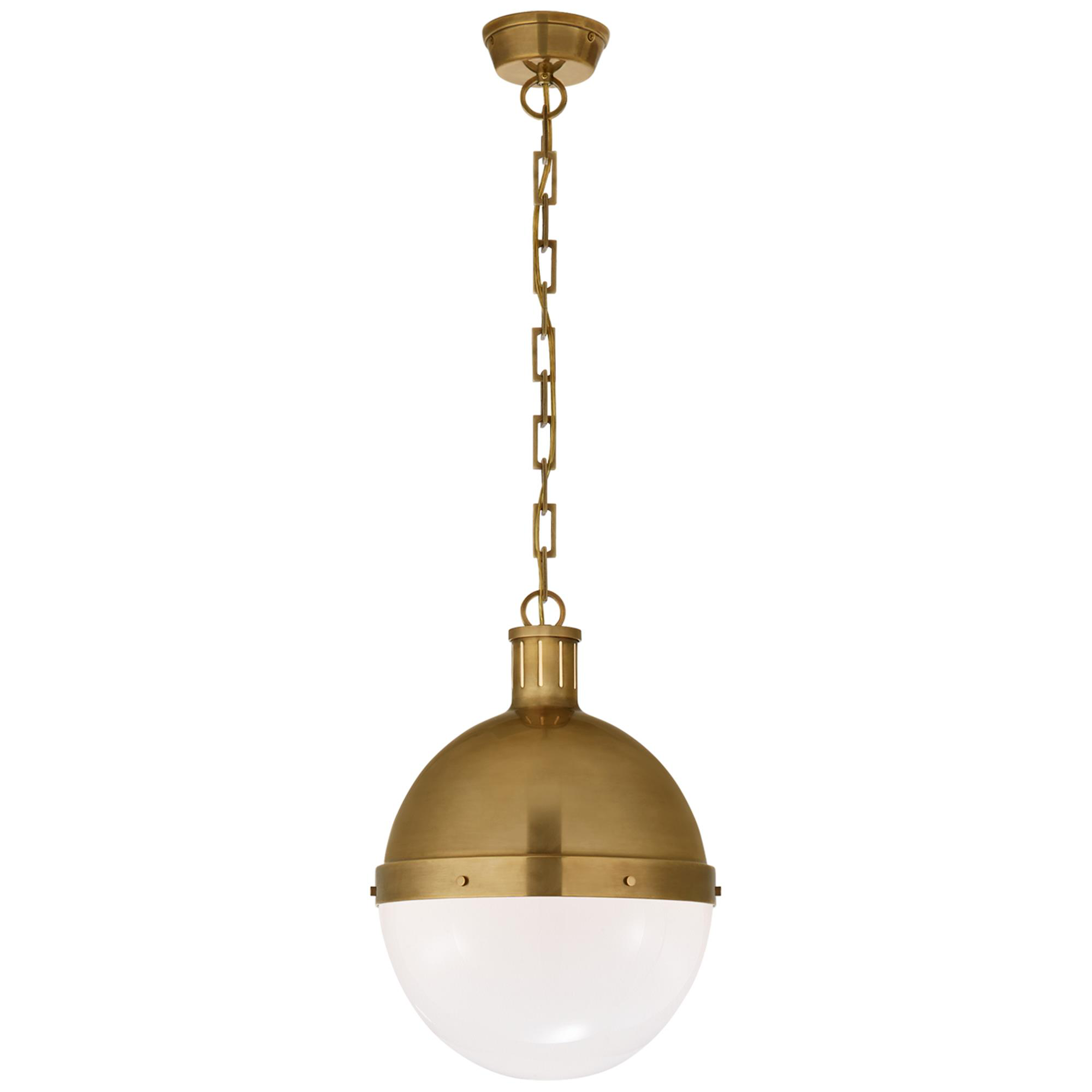 Shown in Hand-Rubbed Antique Brass finish and White glass