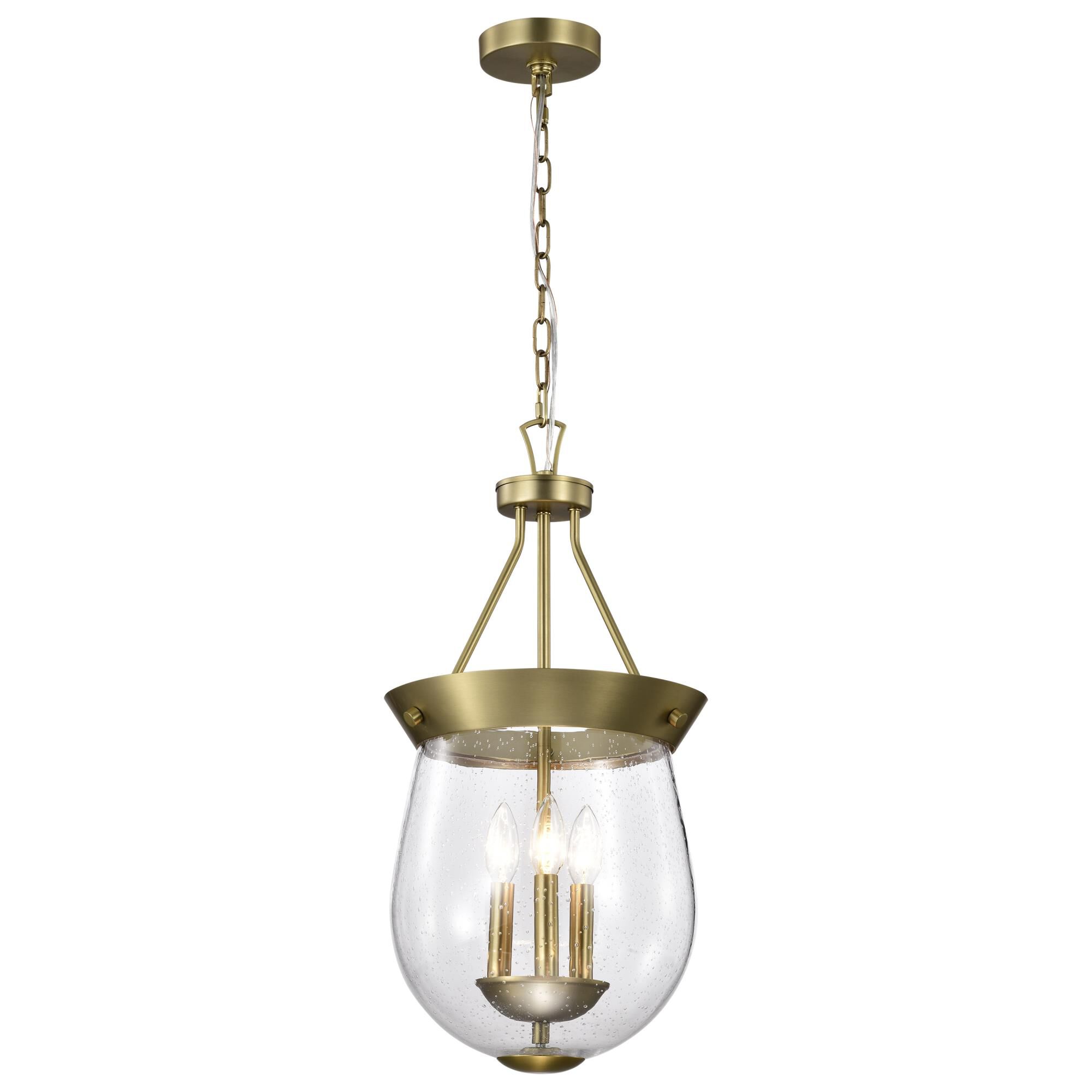 Shown in Vintage Brass finish and Clear Seeded glass