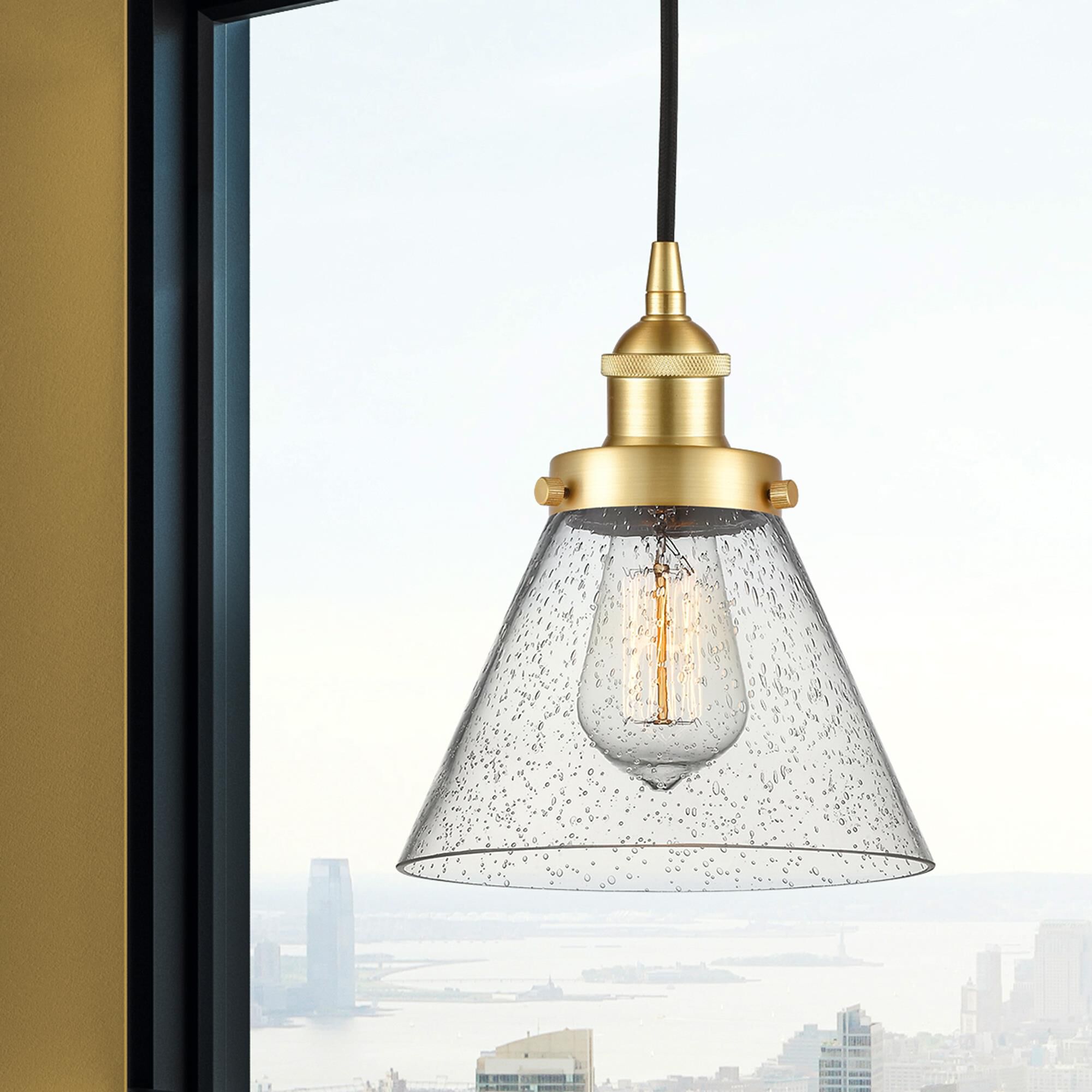 Shown in Satin Gold finish and Seedy glass