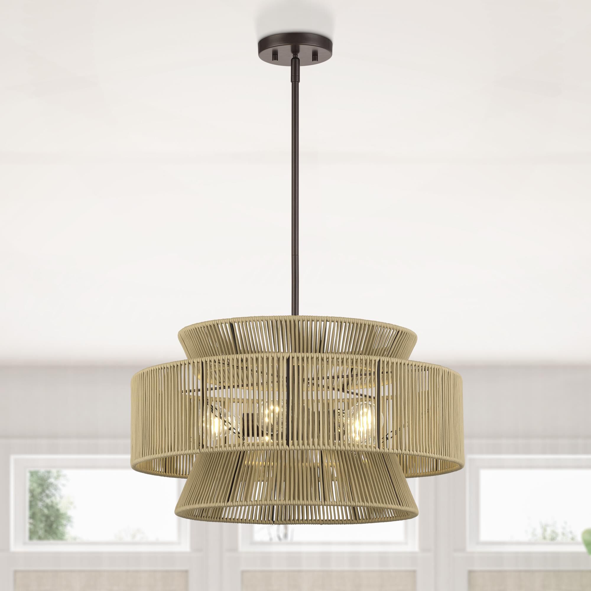 Shown in English Bronze finish and Hand-Woven Venetian Gold Color Polyester Rope shade