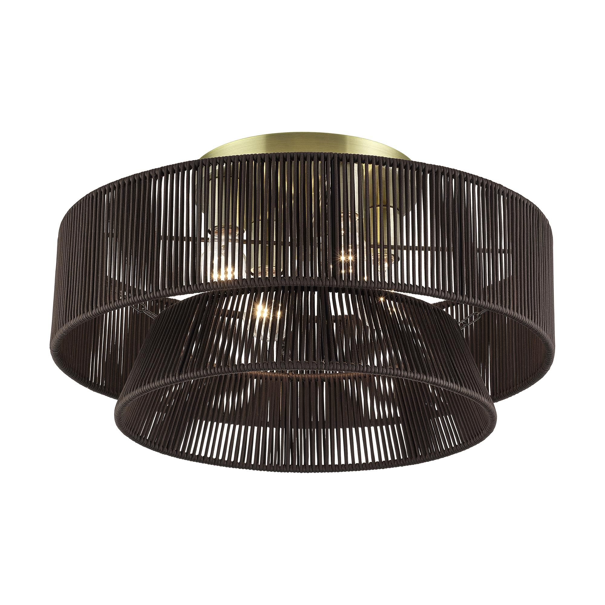 Shown in Antique Brass finish and Hand-Woven Dark Chocolate Color Polyester Rope shade