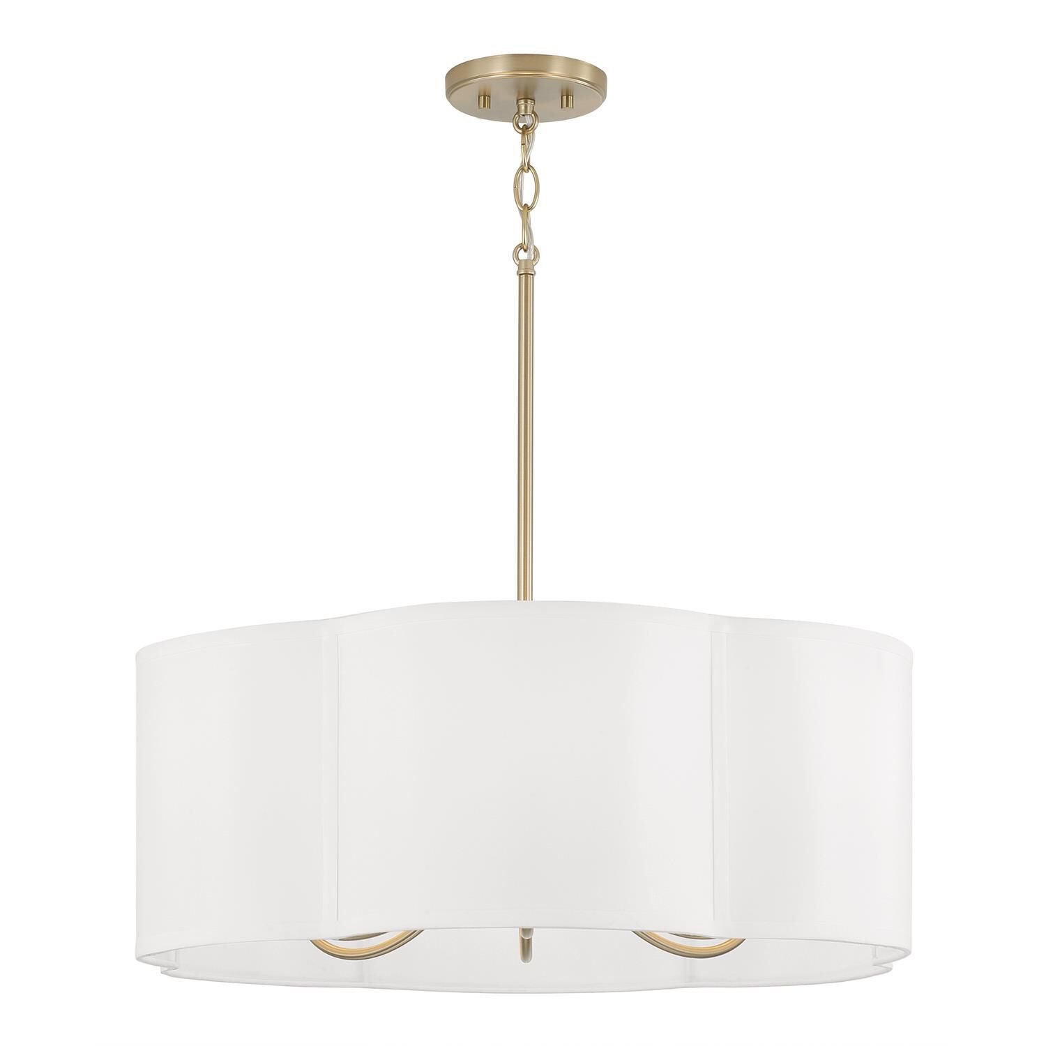 Shown in Matte Brass finish and White Fabric shade