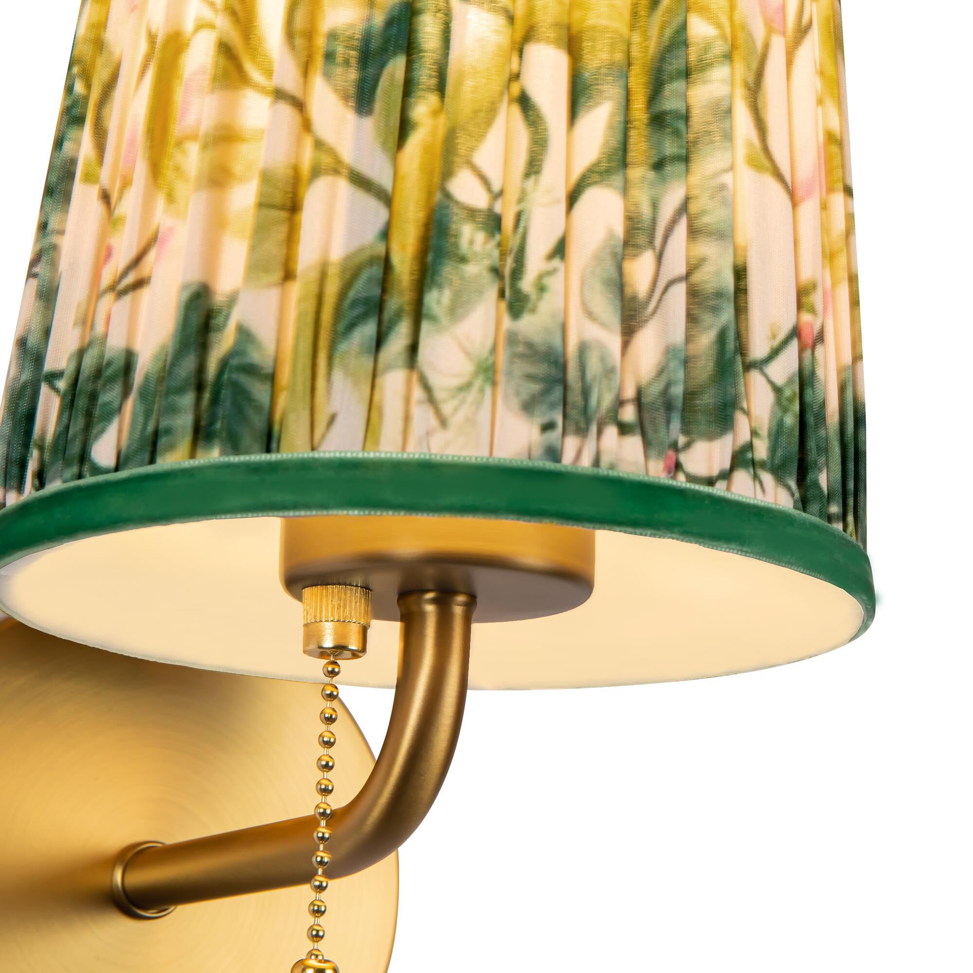 Shown in Brushed Gold finish and Green Linen shade