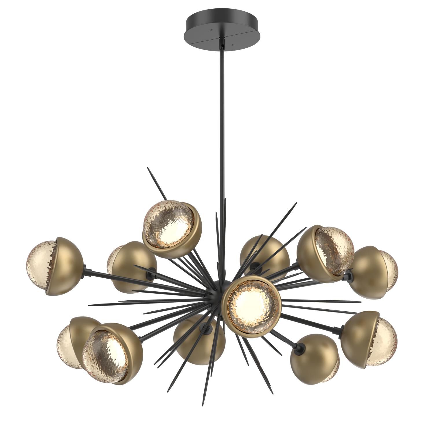 Shown in Matte Black finish and Amber glass and Gilded Brass accent