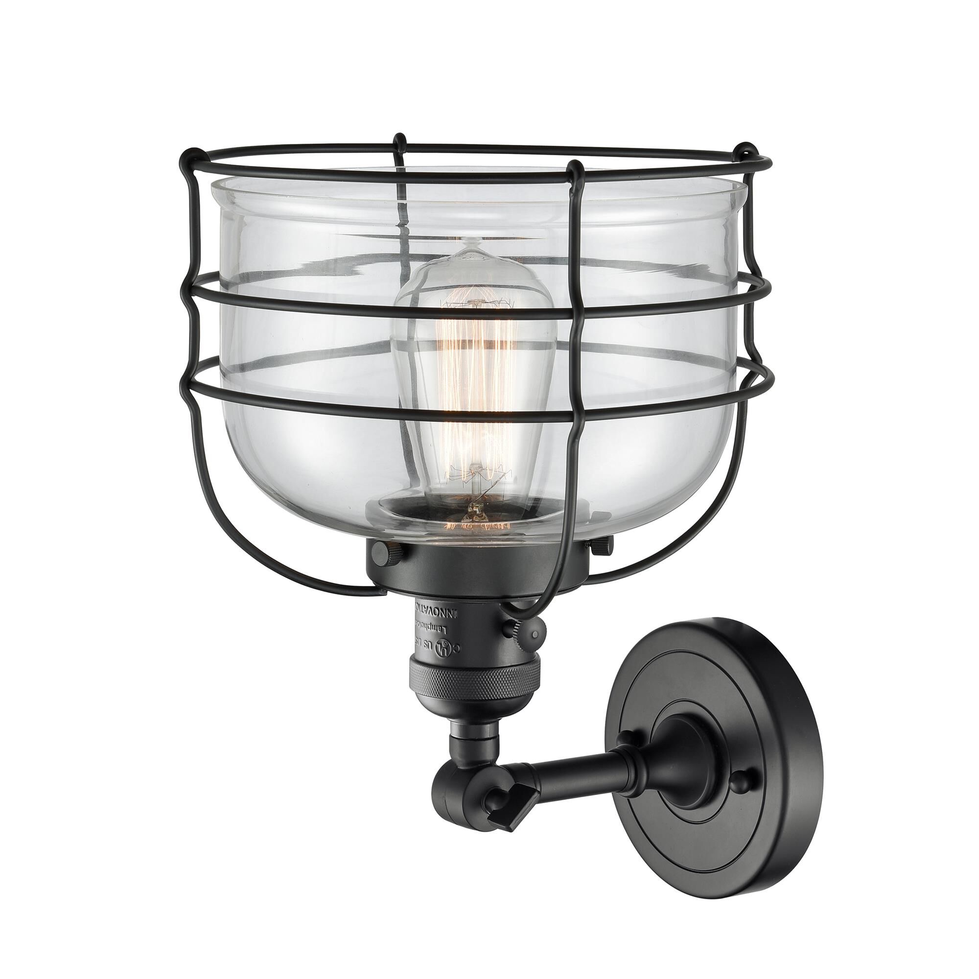 Shown in Matte Black finish and Clear Large Bell Cage glass and Switch on Socket accent