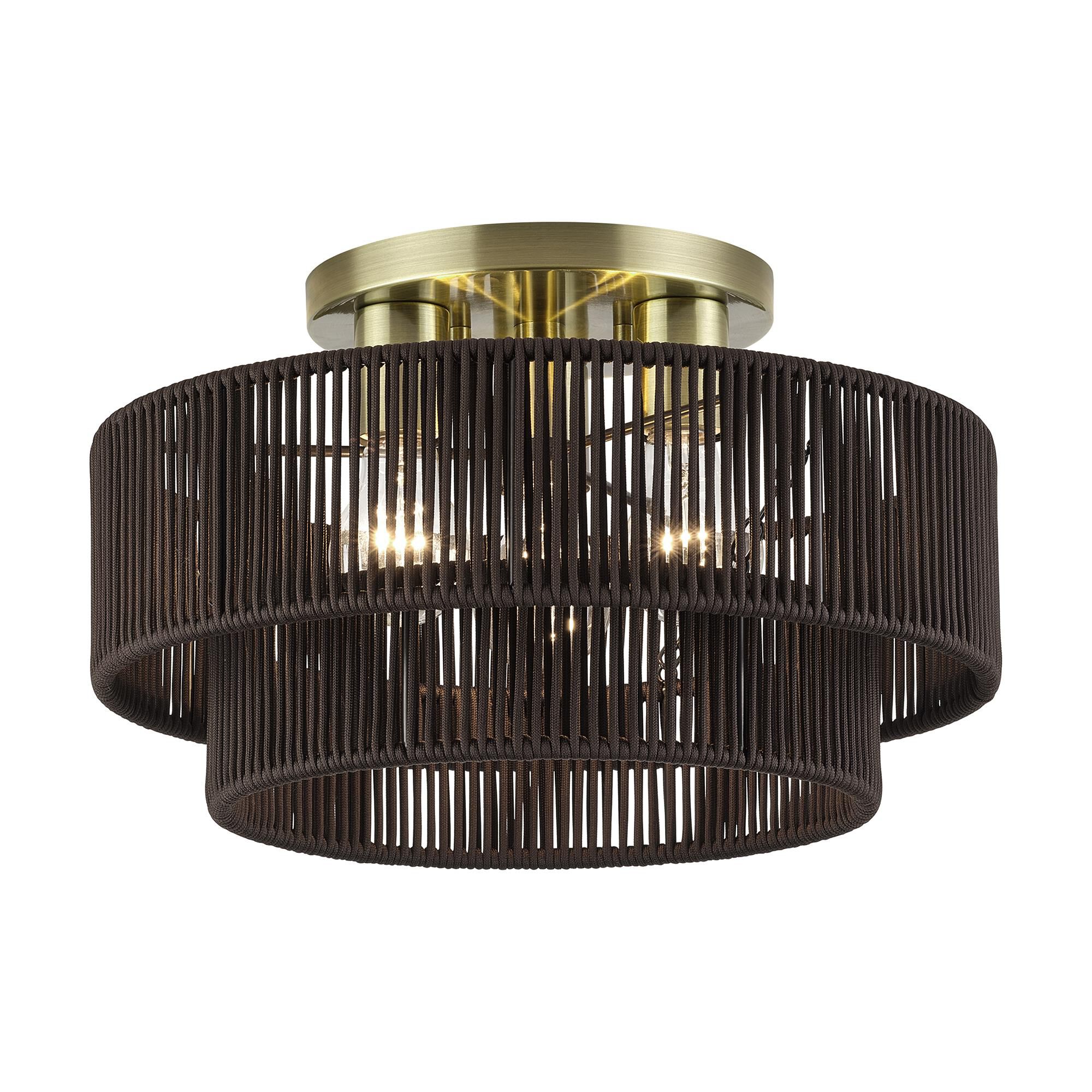 Shown in Antique Brass finish and Hand-Woven Dark Chocolate Color Polyester Rope shade