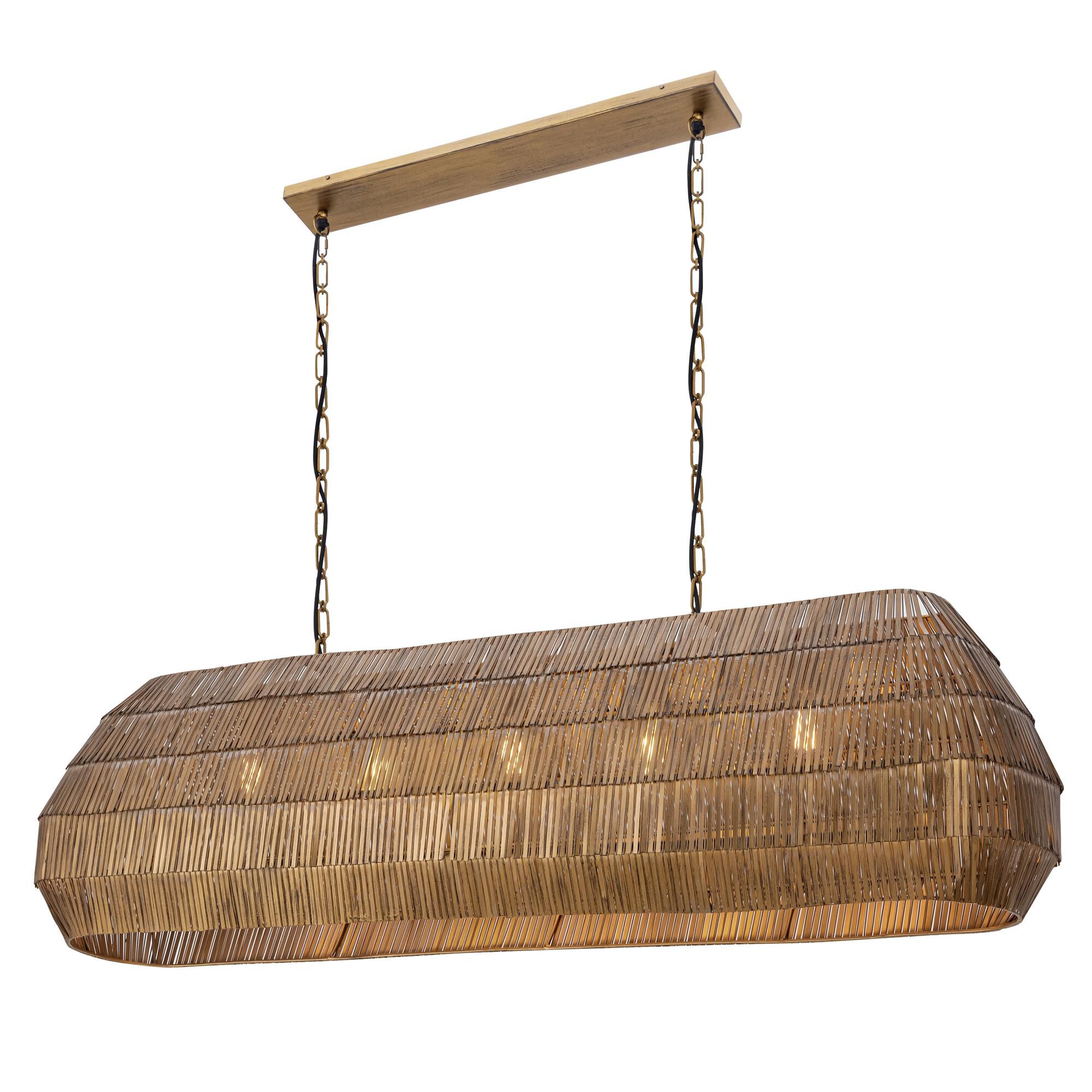 Shown in Antique Brass finish and Rattan shade