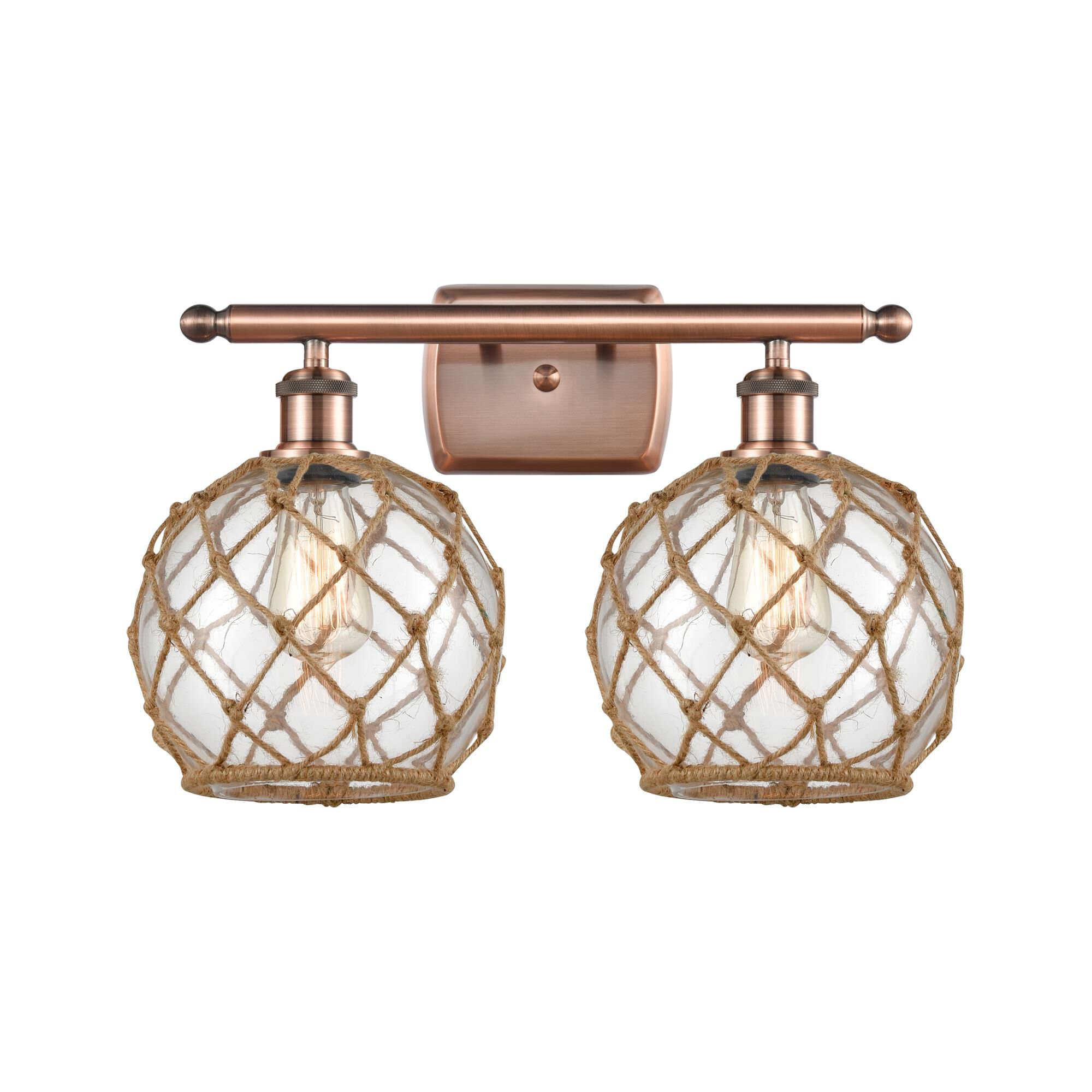 Shown in Antique Copper finish and Sphere glass and Glass And Rope shade
