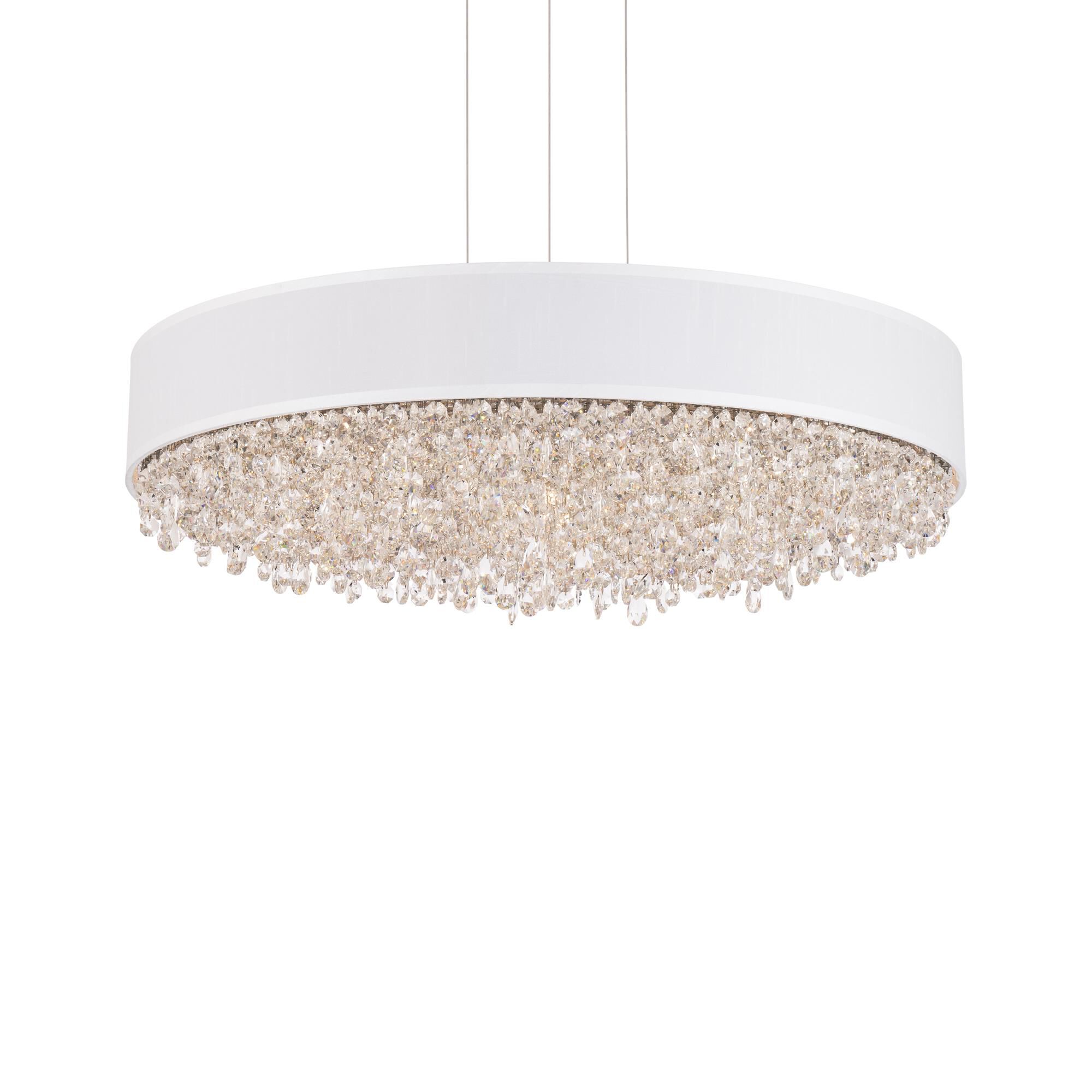 Shown in Polished Stainless Steel finish and Wavy Radiance crystal and White Fabric  shade