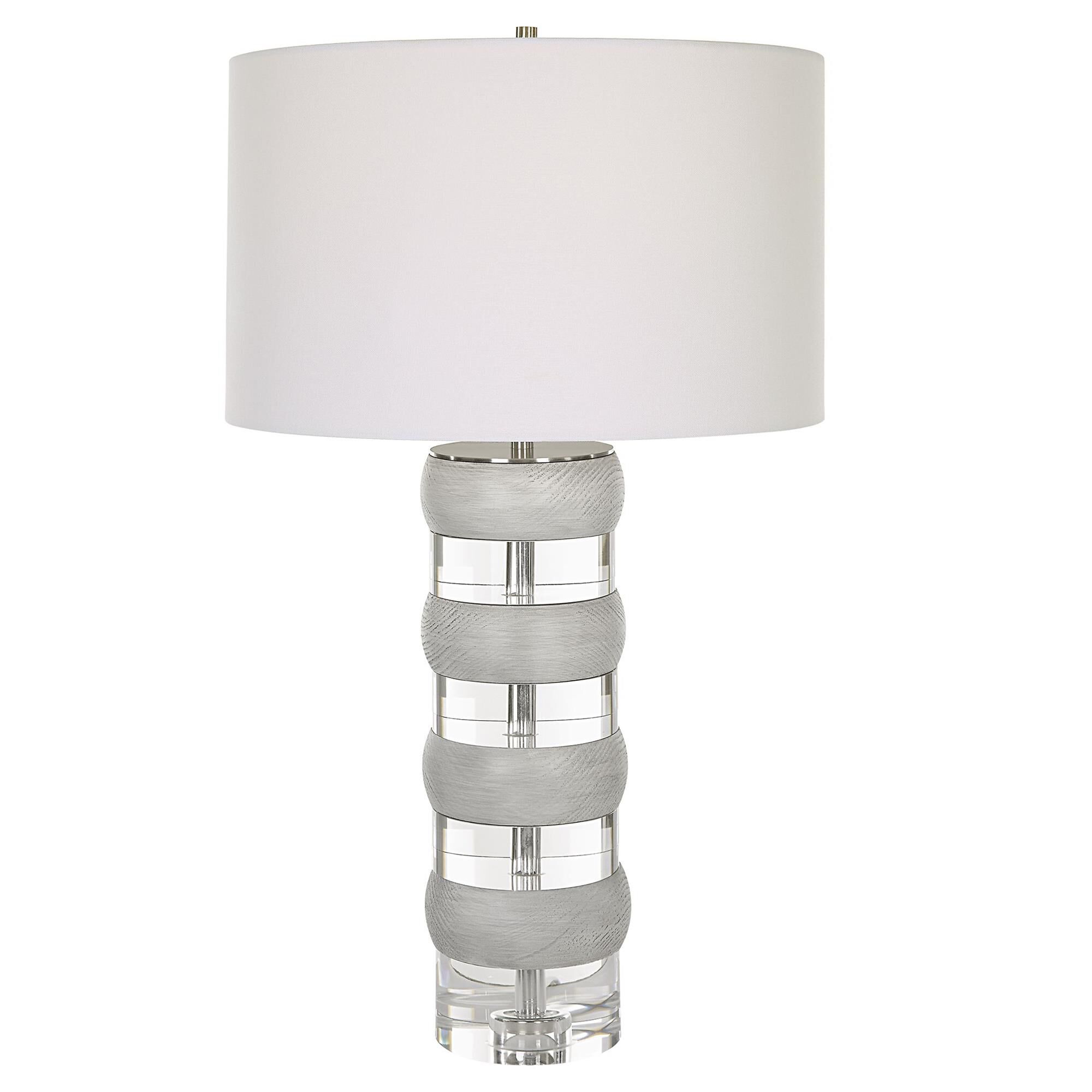 Shown in The Band Together Table Lamp Displays A Unique Pairing Of Stacked Thick Crystal And Bleached Wooden  finish and Round Drum Hardback shade