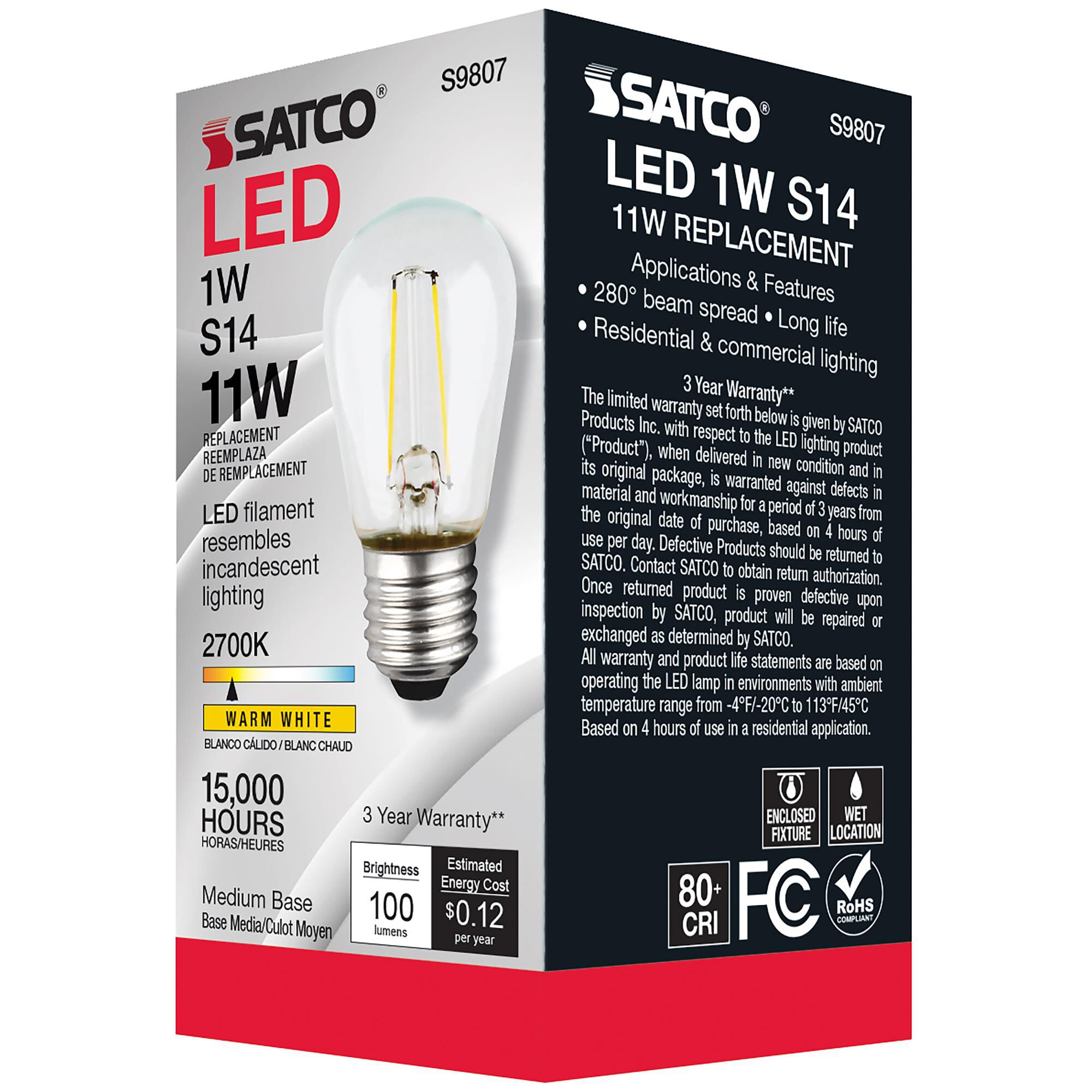 1 Watt 2700K S14 LED Light Bulb,