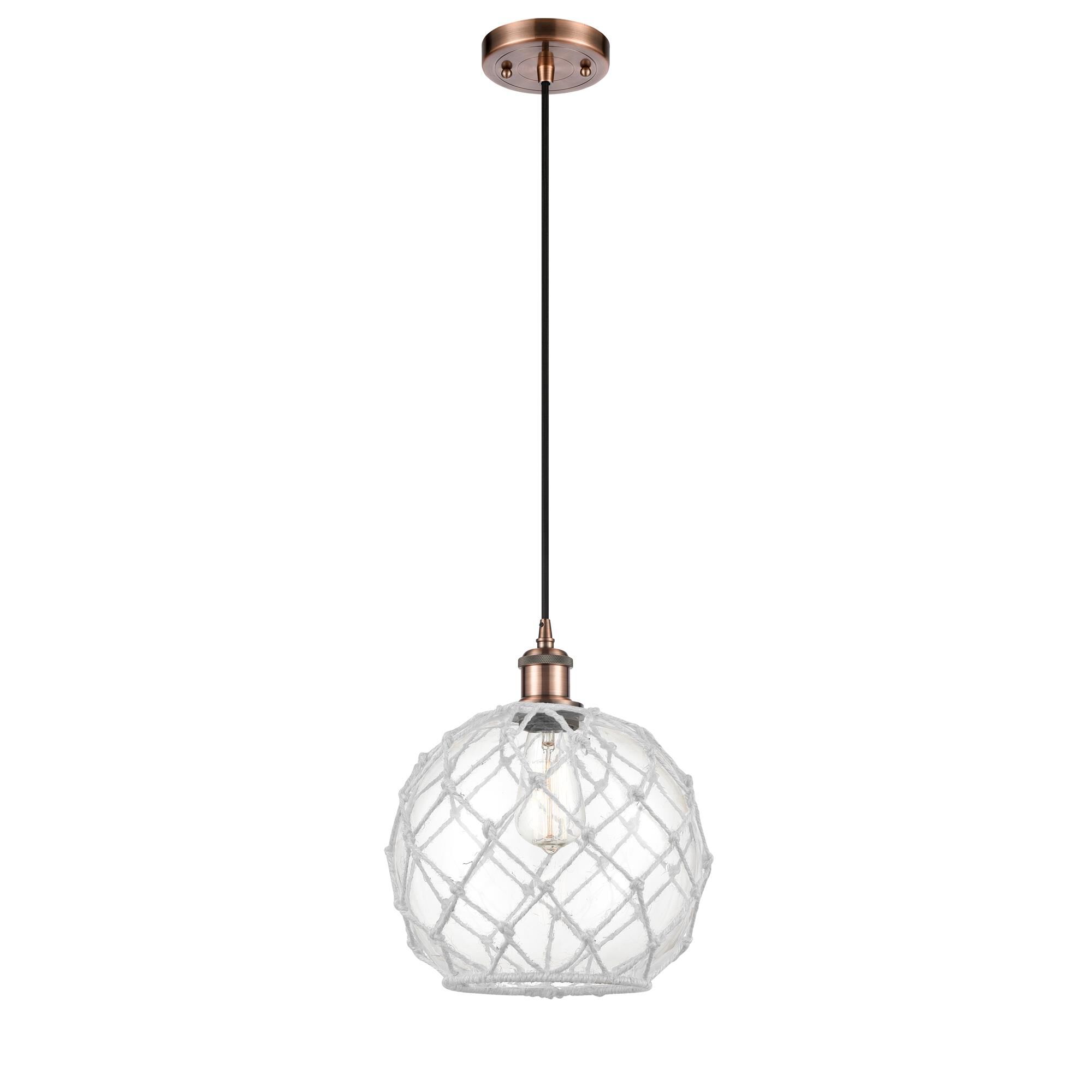 Shown in Antique Copper finish and Clear Large Farmhousewith White Rope glass
