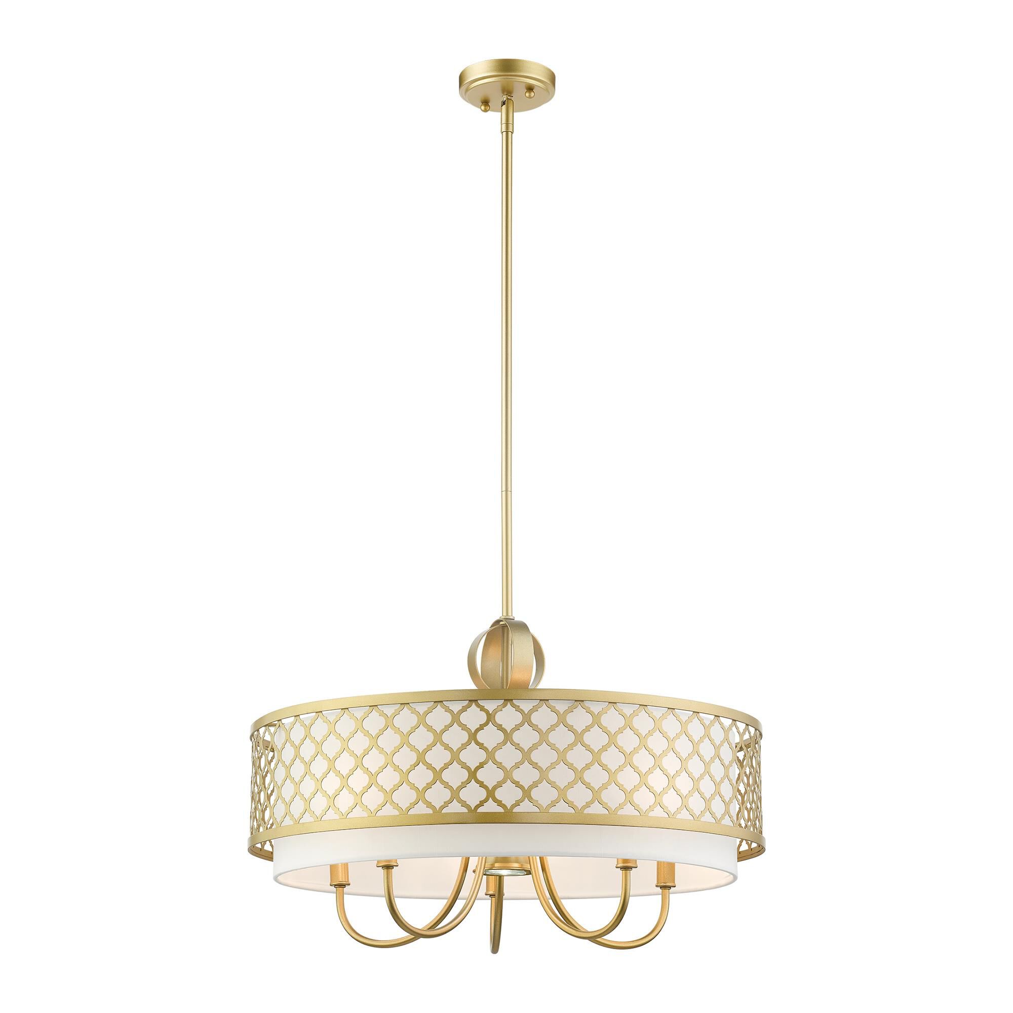 Shown in Soft Gold finish and Hand Crafted Off-White Fabric Outside & White Fabric Inside Hardback shade