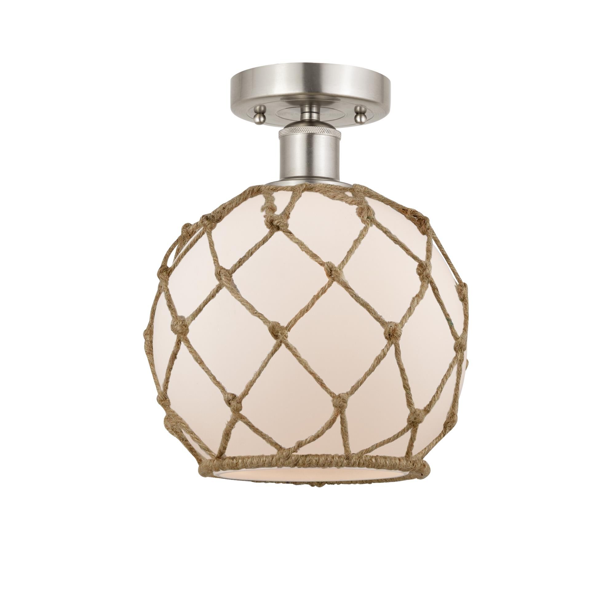 Shown in Brushed Satin Nickel, White Glass With Brown Rope finish and White glass and White Glass With Brown Rope Glass And Rope shade