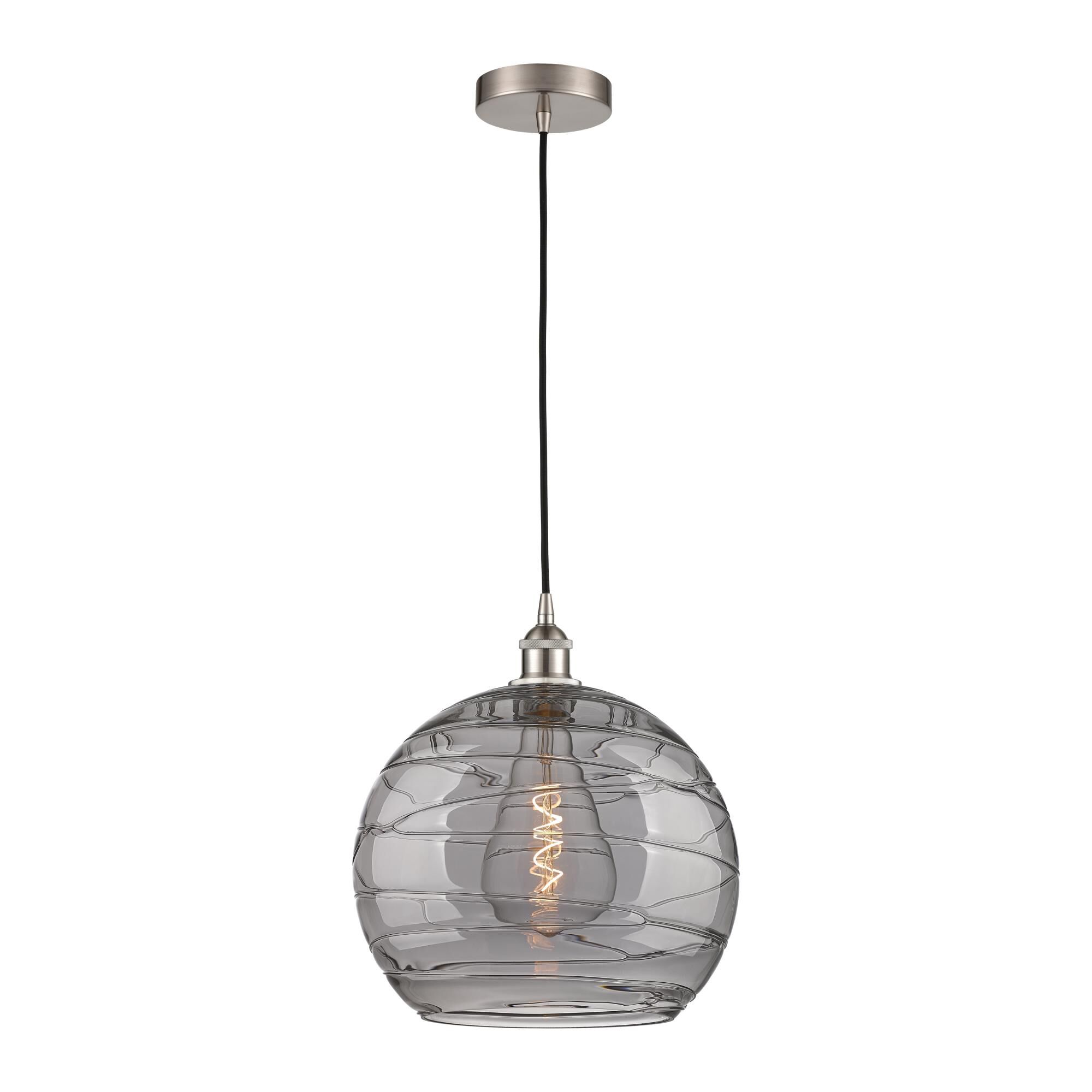 Shown in Brushed Satin Nickel finish and Light Smoke Deco Swirl glass