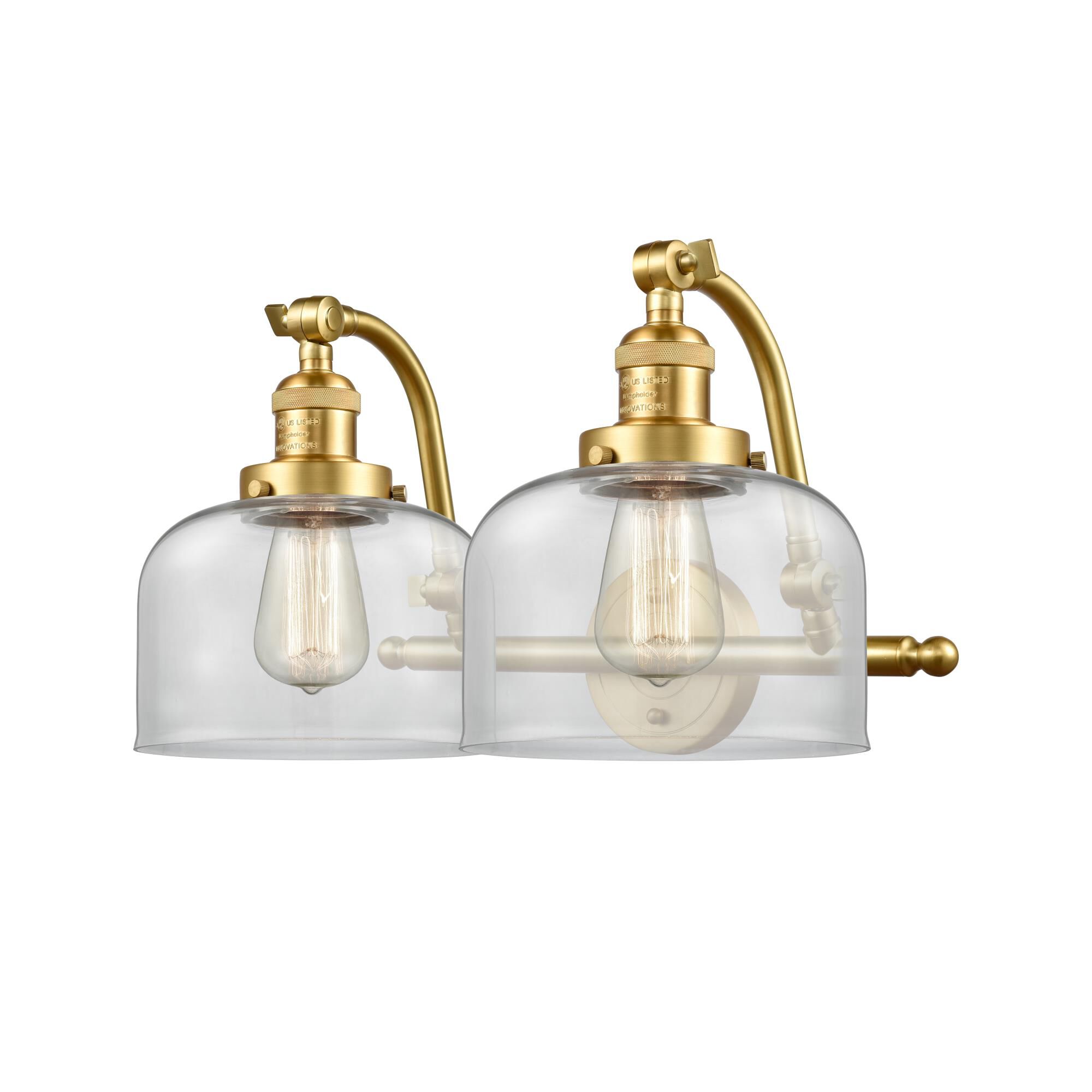 Shown in Satin Gold finish and Clear Large Bell glass