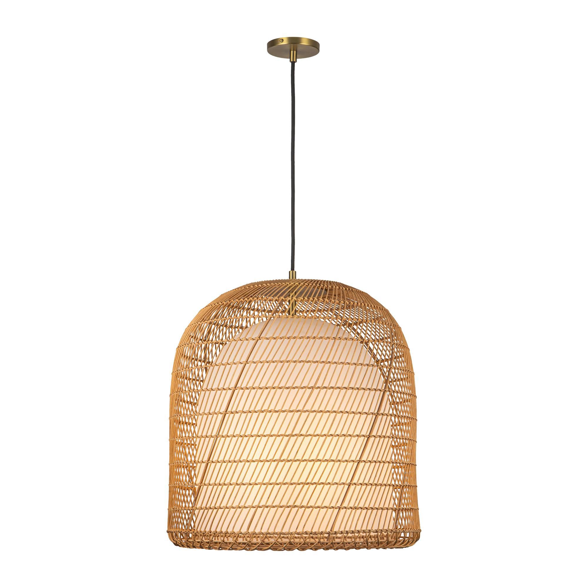 Shown in Brushed Gold/Opal Glass|matte Black/Opal Glass finish and Opal glass and Rattan shade