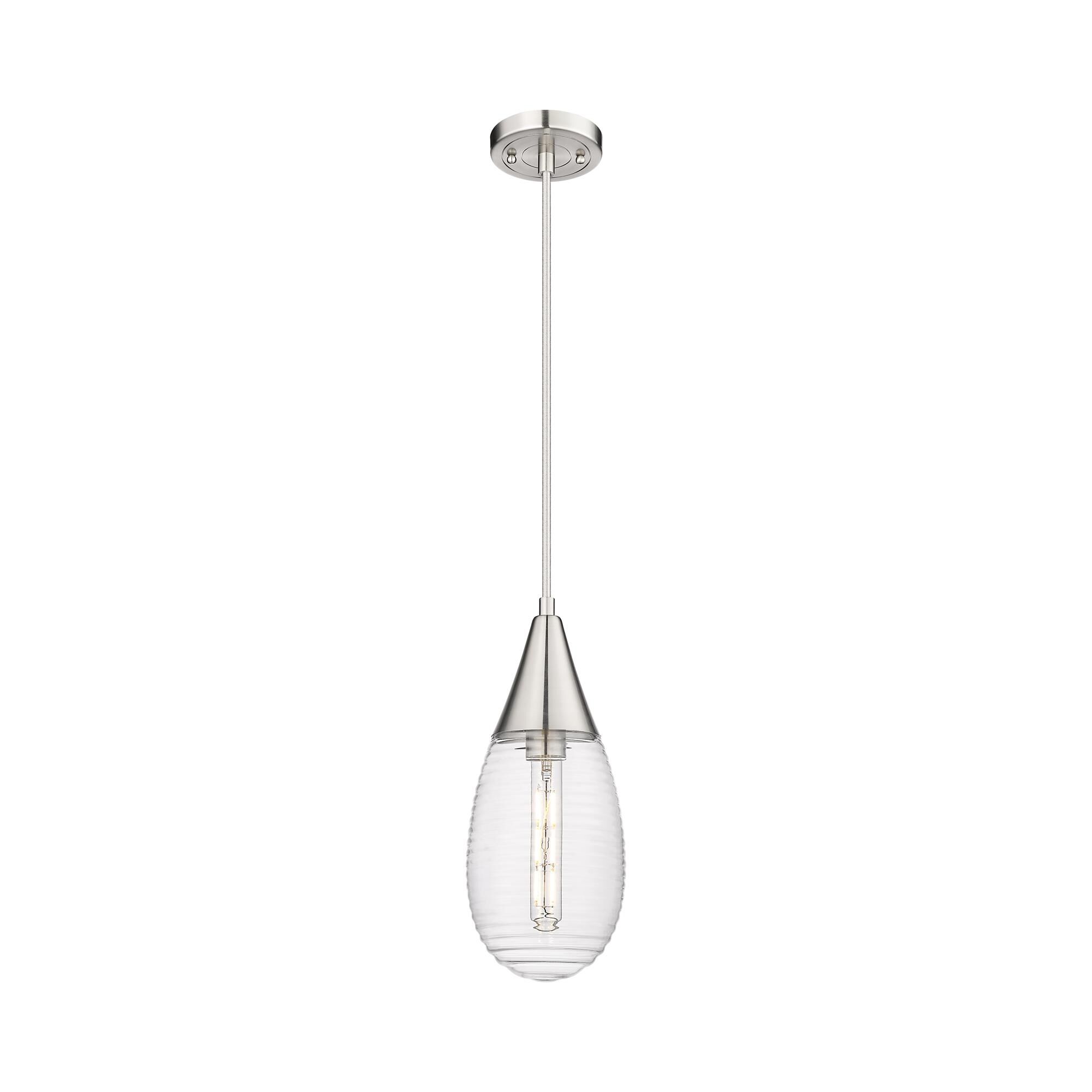 Shown in Satin Nickel finish and Striped Clear glass and Striped Clear Glass shade