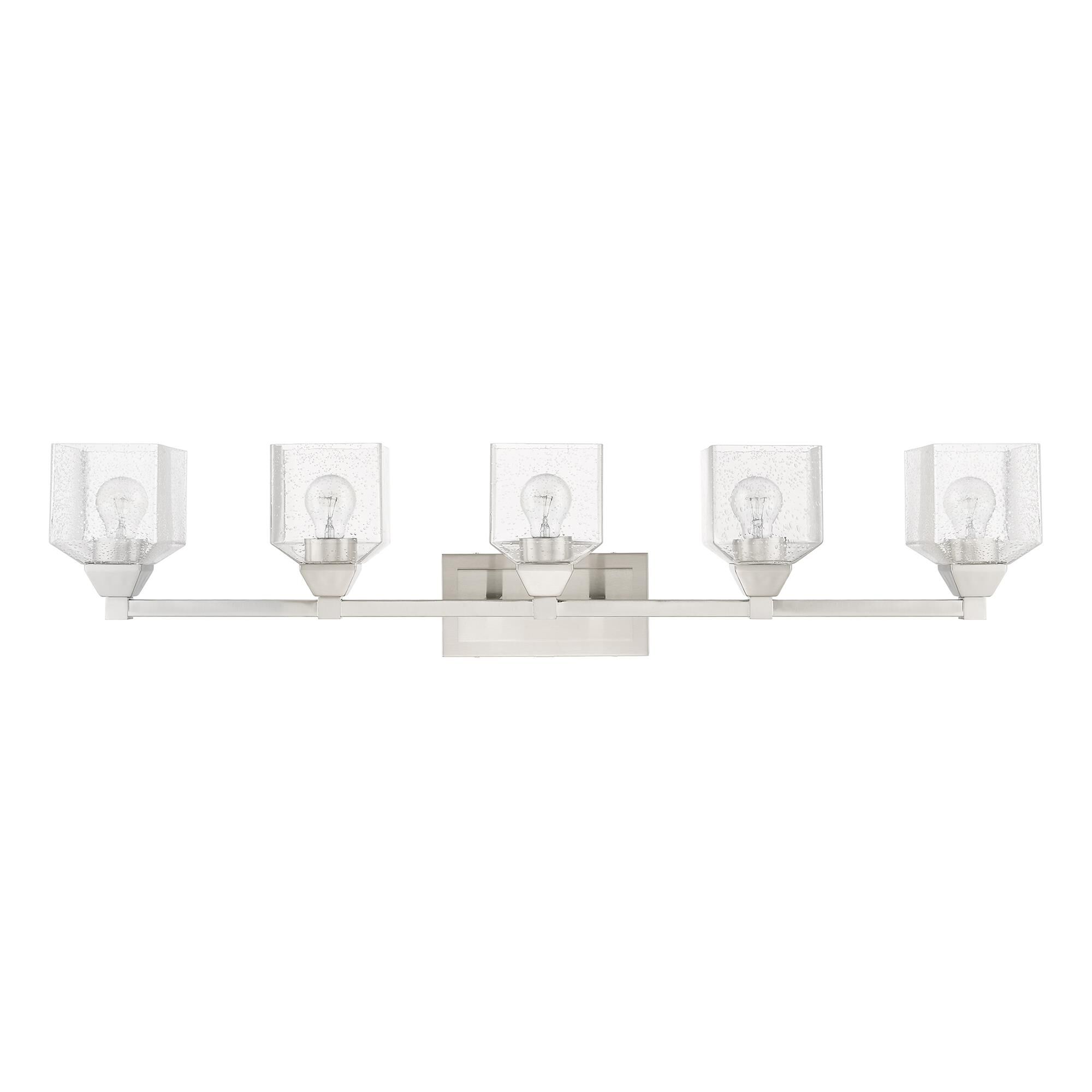 Shown in Brushed Nickel finish and Hand Blown Clear Seeded glass