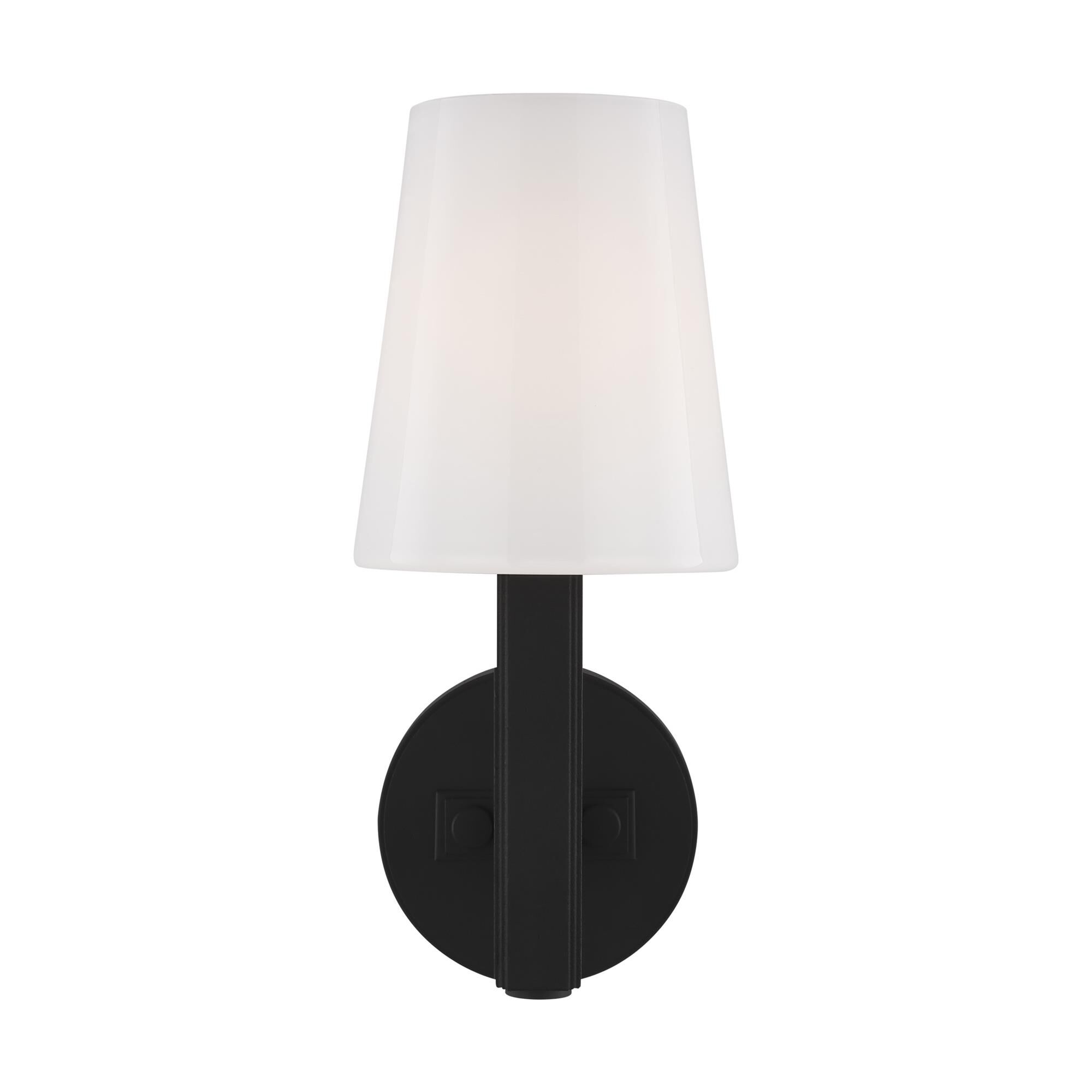 Shown in Aged Iron finish and Milk White glass