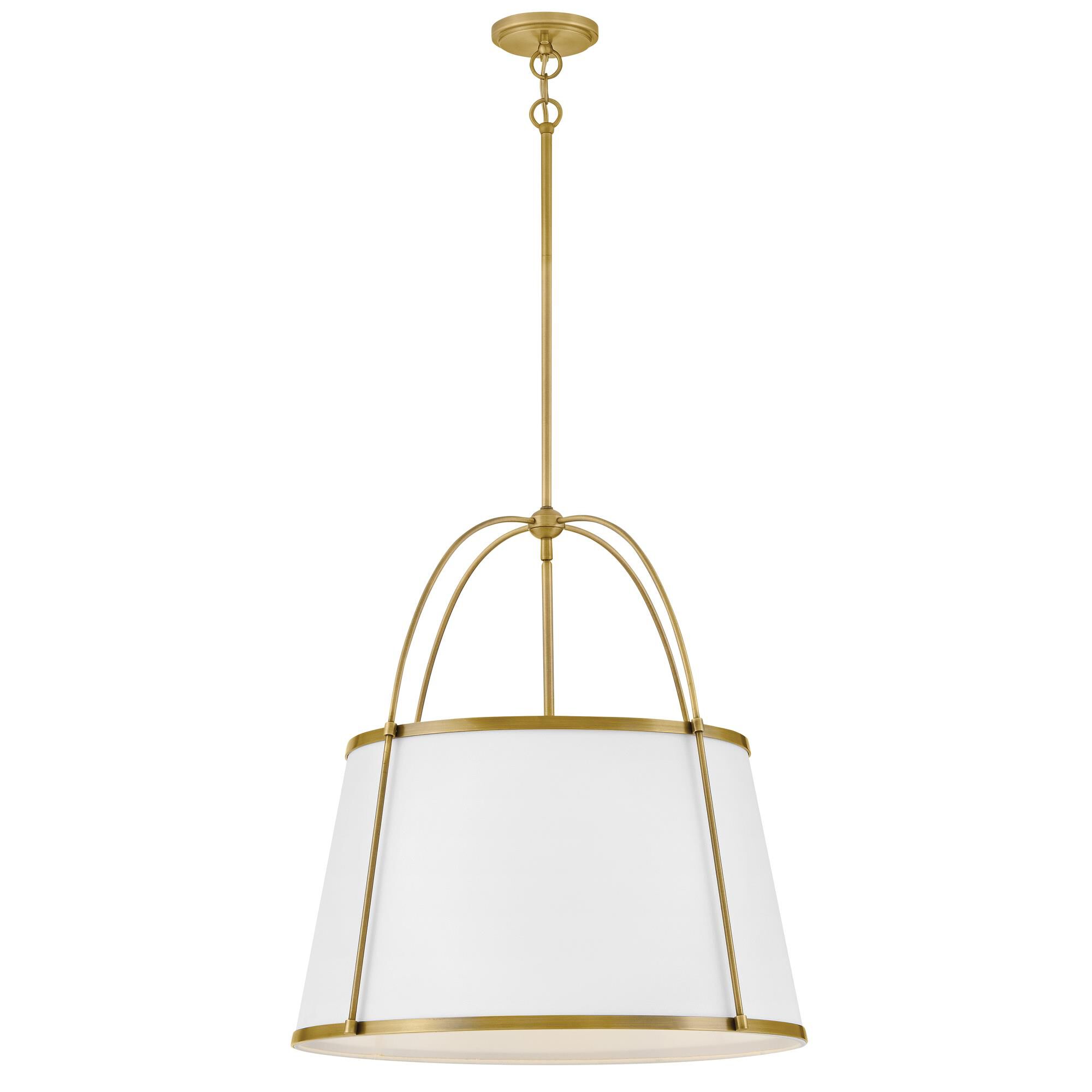 Shown in Lacquered Dark Brass finish and Off-White Linen shade