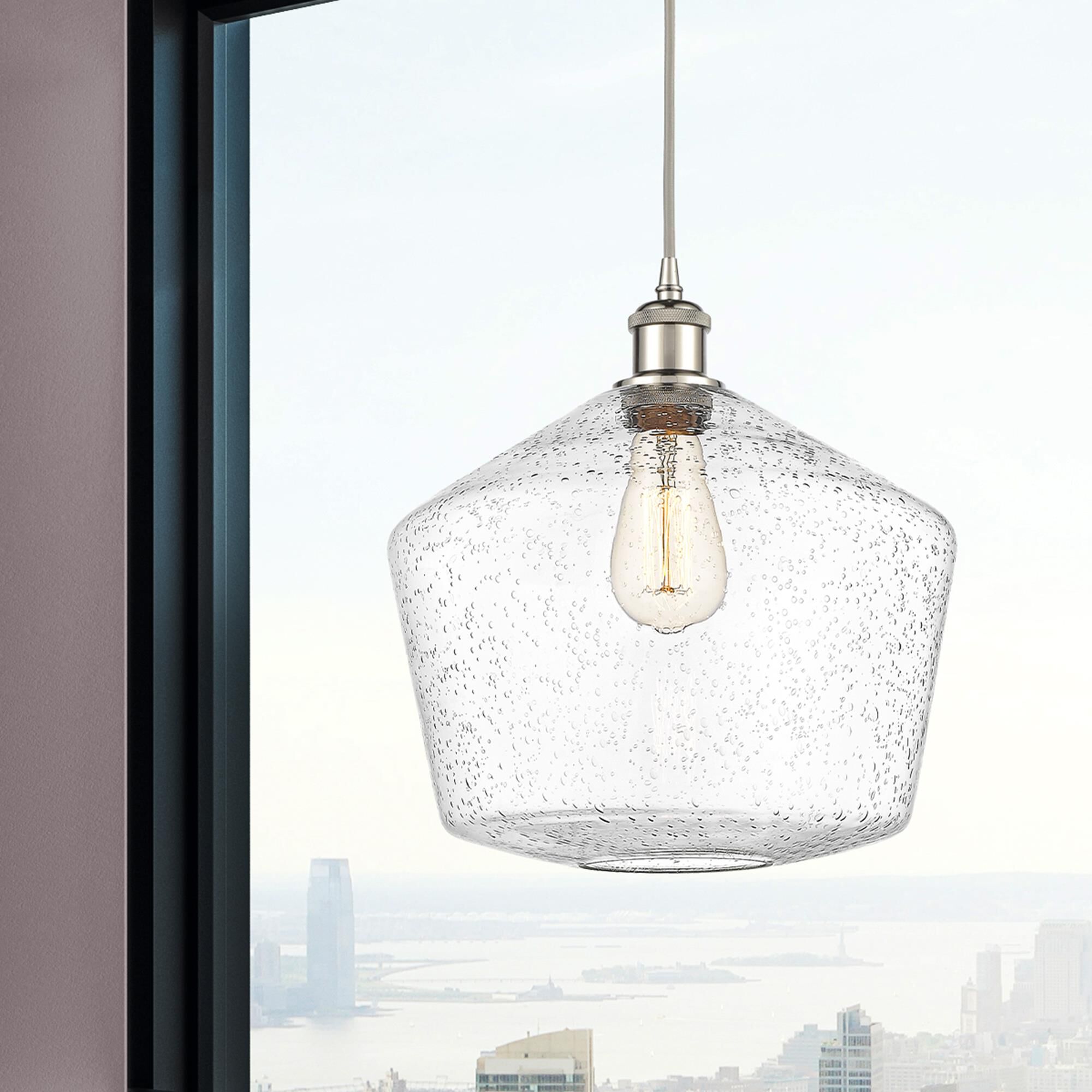 Shown in Polished Nickel finish and Seedy glass