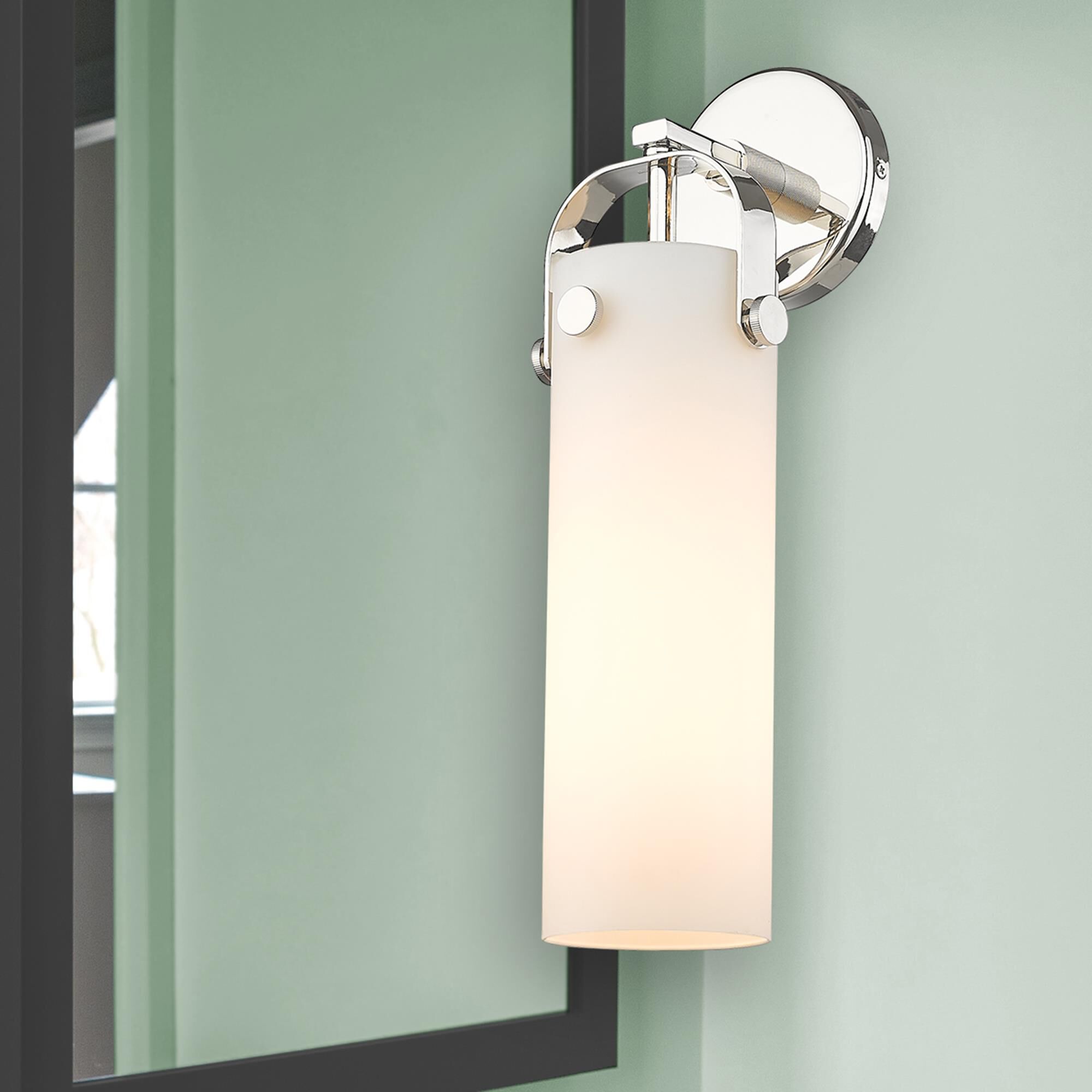 Shown in Polished Nickel finish and Matte White glass