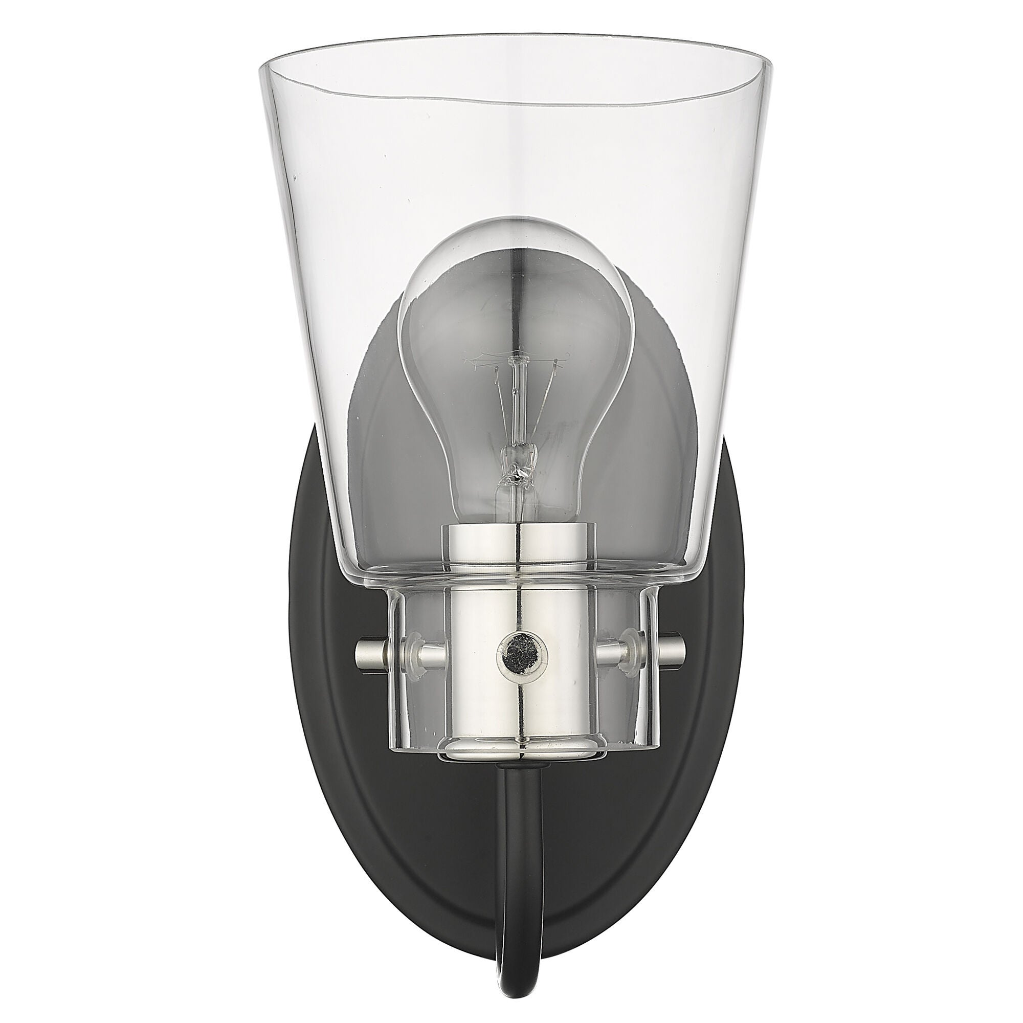 Shown in Matte Black And Polished Nickel finish and Clear Glass shade