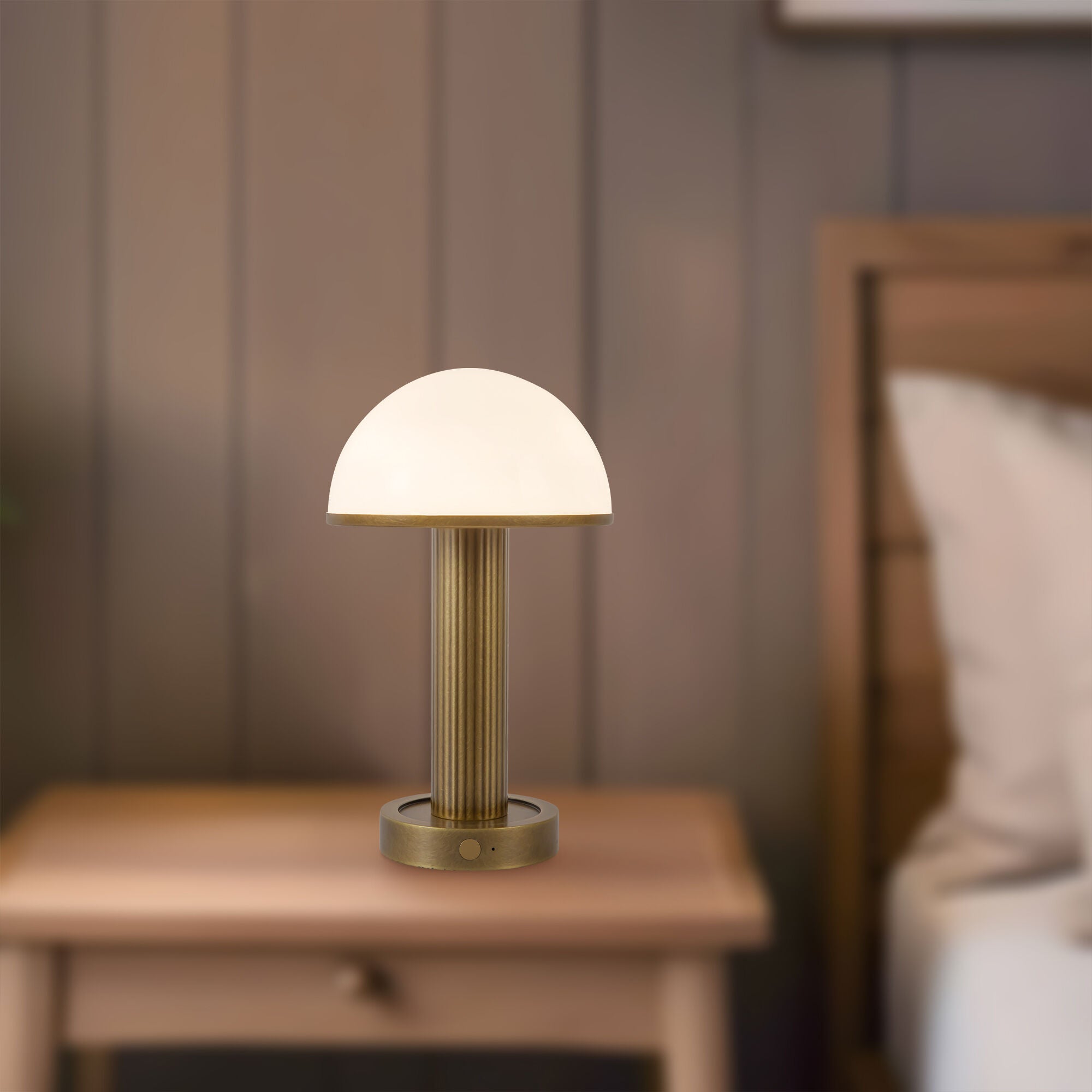 Shown in Vintage Brass finish and Glossy Opal glass