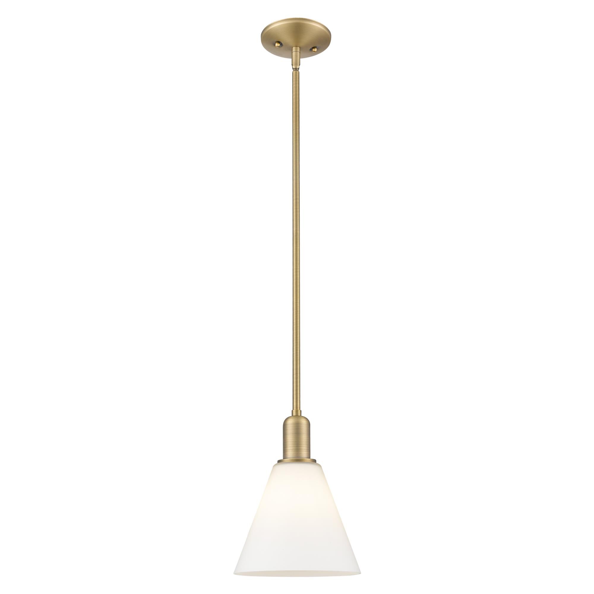 Shown in Brushed Brass finish and Matte White glass