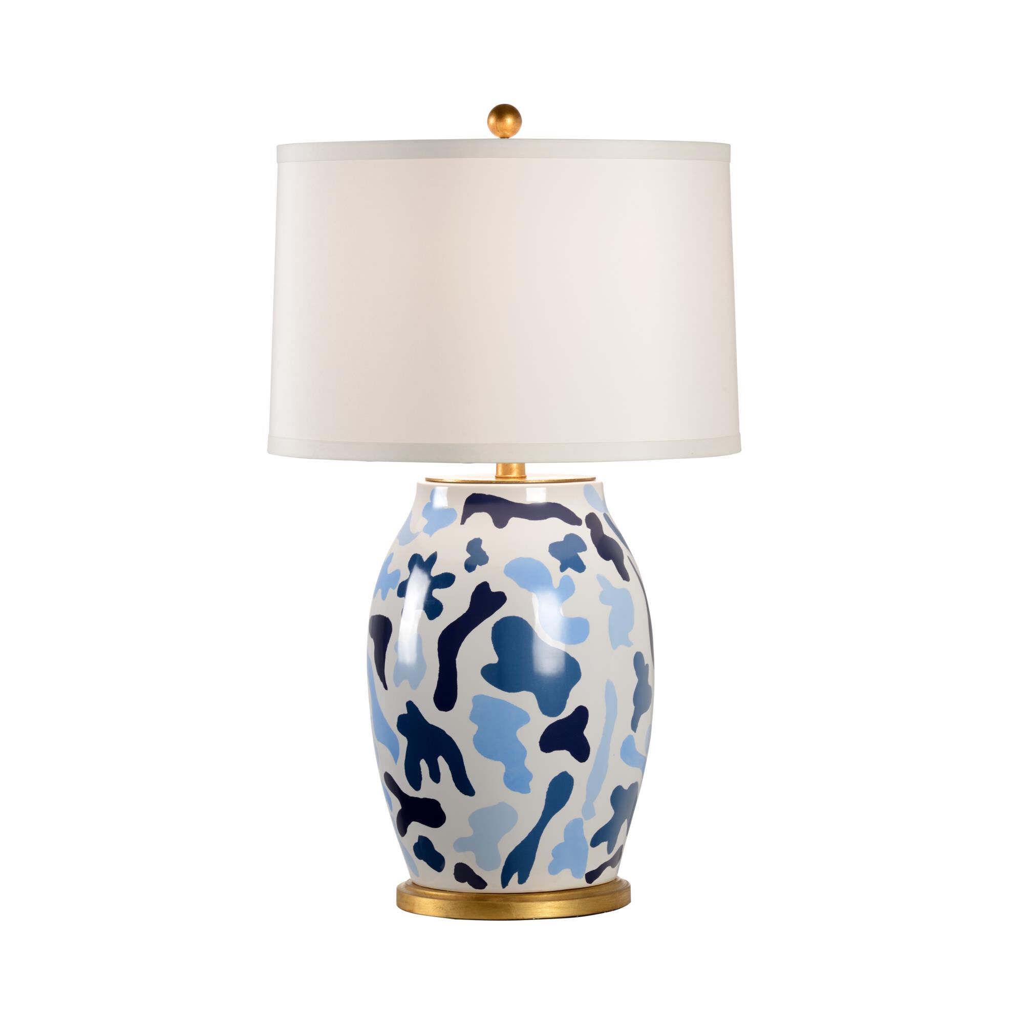 Shown in Blues/White Glaze/Antique Gold Leaf finish and Off White shade
