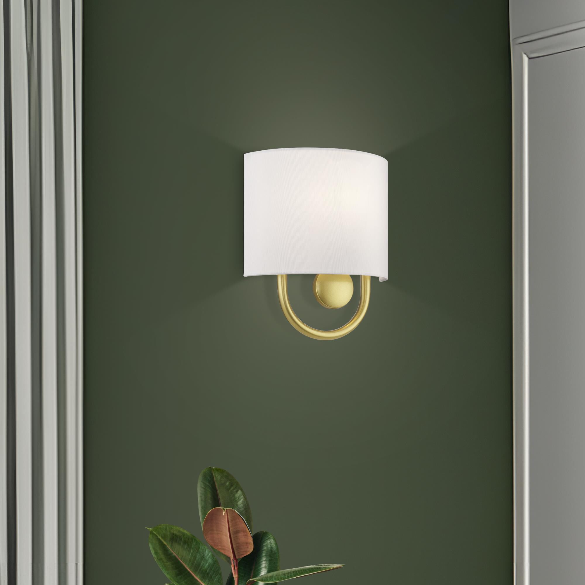 Shown in Soft Gold finish and Hand Crafted Off-White Fabric Hardback with White Fabric Inside shade