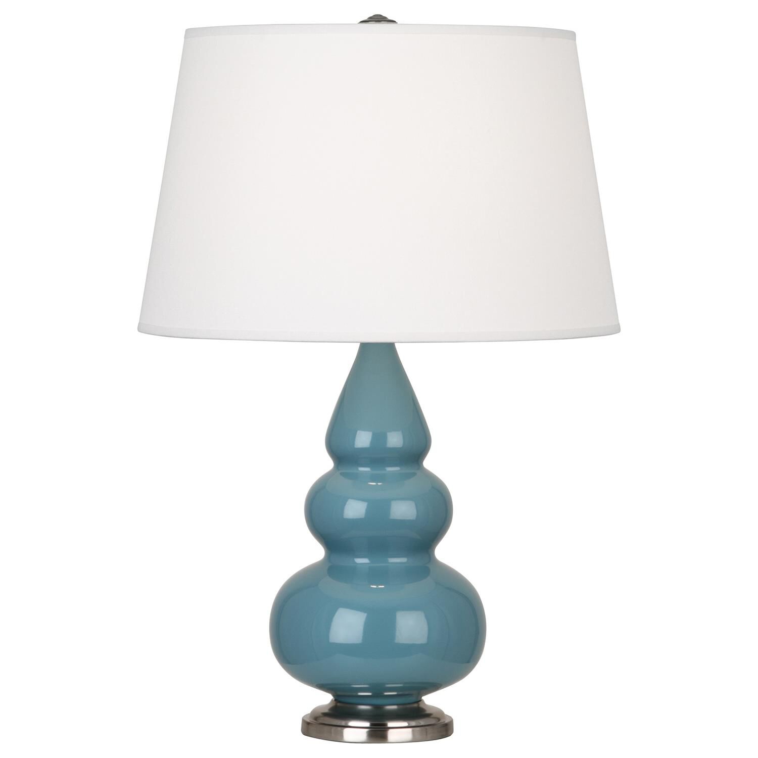 Shown in Steel Blue Glazed Ceramic With Antique Silver ed Accents finish and Pearl Dupioni Fabric shade